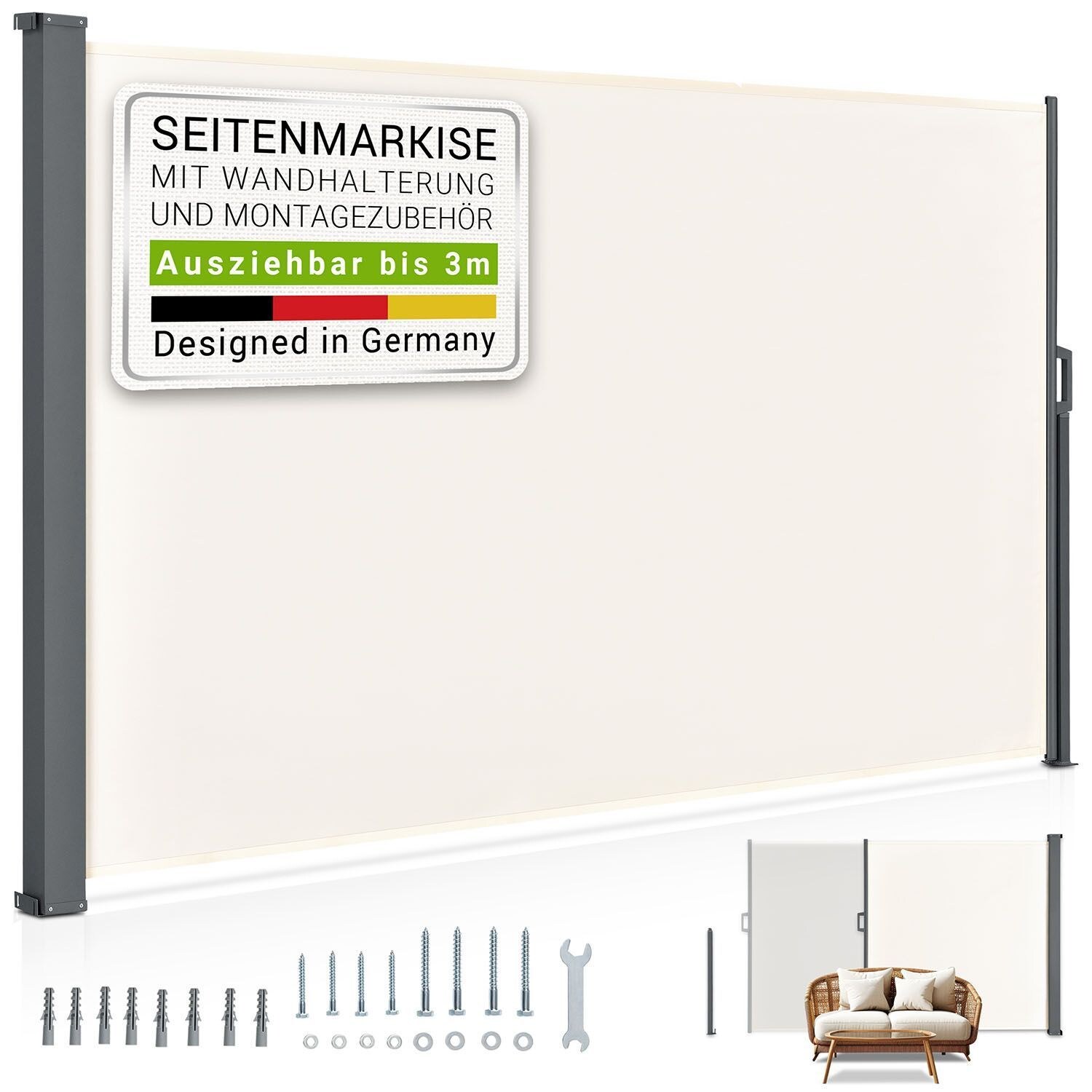 Seitenmarkise Dubai 300 x 190 cm ausziehbar blickdicht, Sichtschutz Garten, Terrasse beige