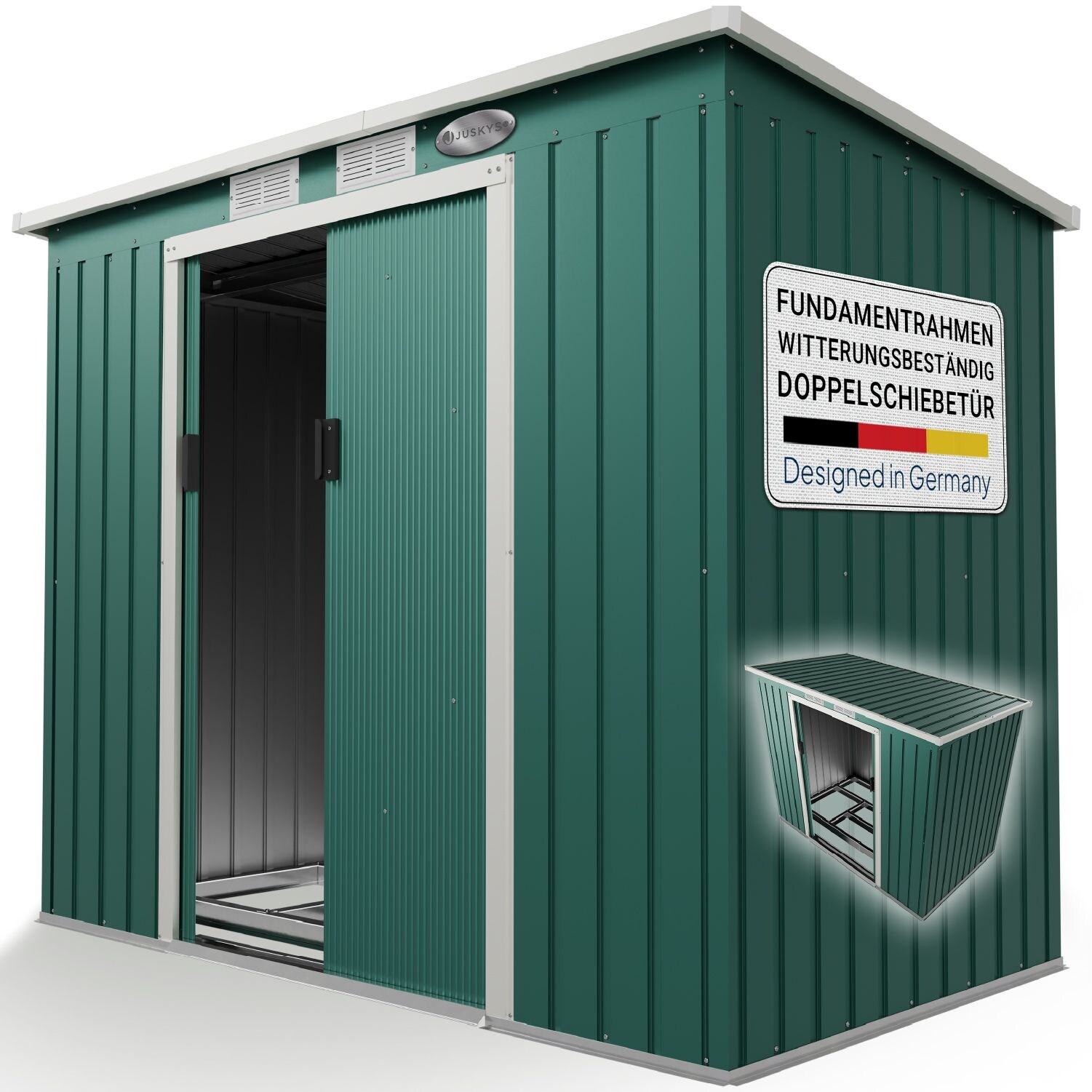 Juskys Metall Gerätehaus Geräteschuppen M mit Pultdach, Schiebetür & Fundament 4m³ grün