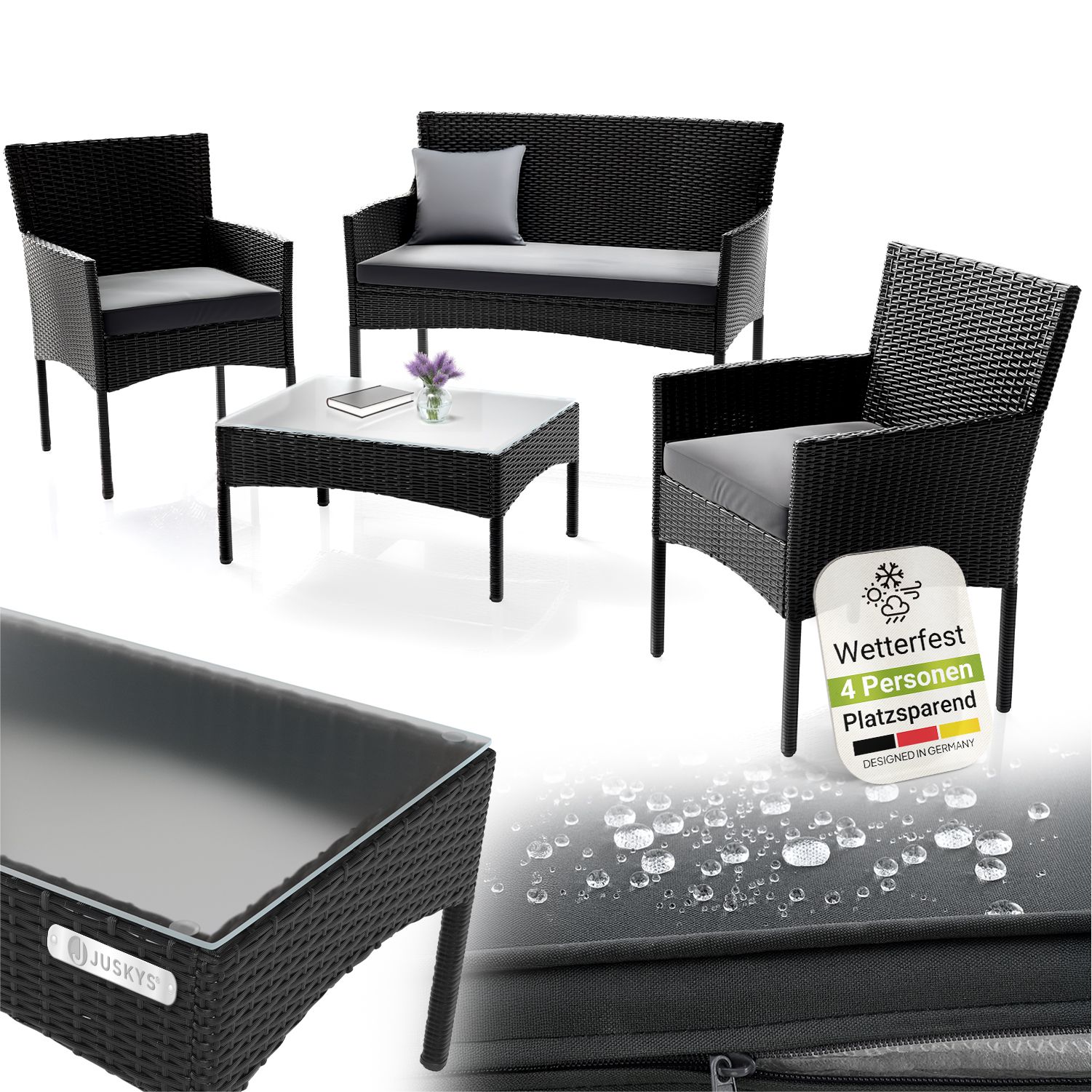 Juskys Polyrattan Gartenm&ouml;bel-Set Fort Myers schwarz mit Tisch, Sofa, 2 St&uuml;hle & Auflagen 