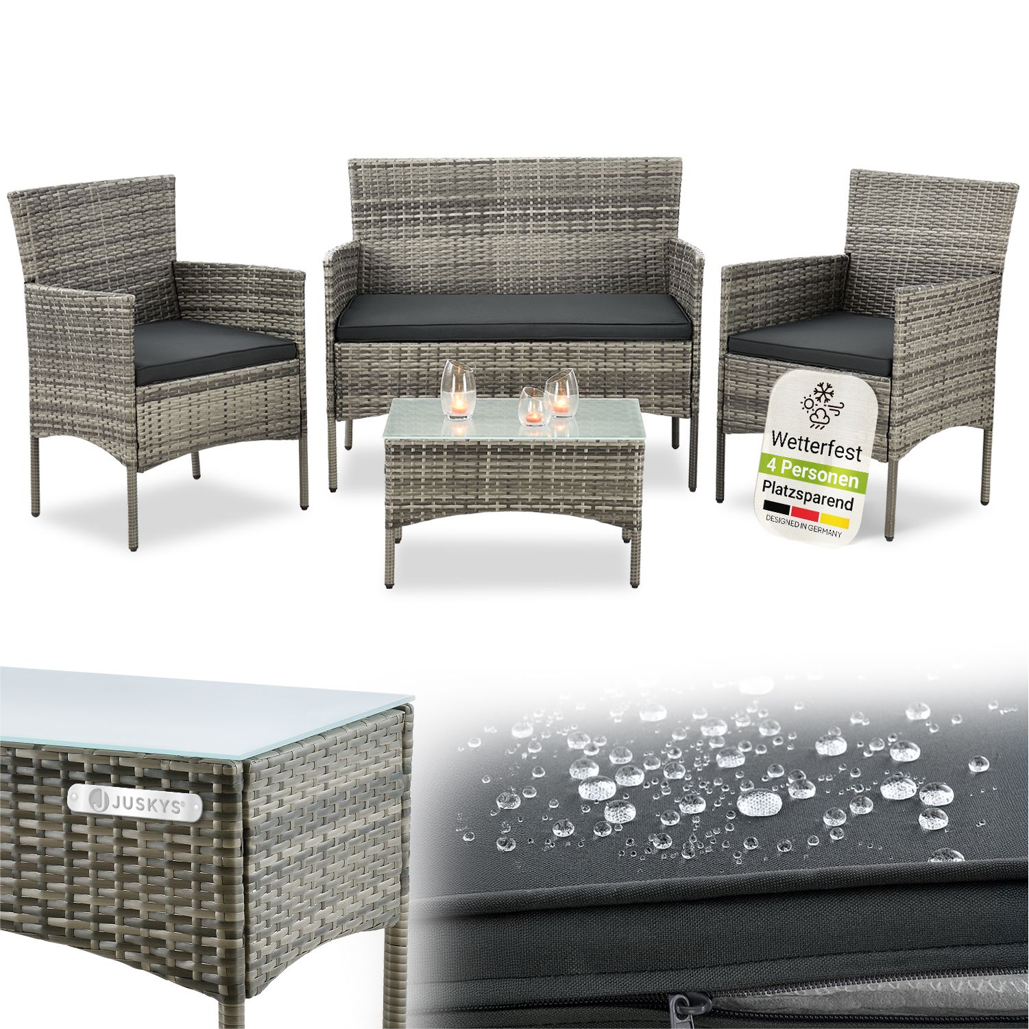 Juskys Polyrattan Gartenm&ouml;bel-Set Fort Myers grau-meliert mit Tisch, Sofa, 2 St&uuml;hle & Auflagen 