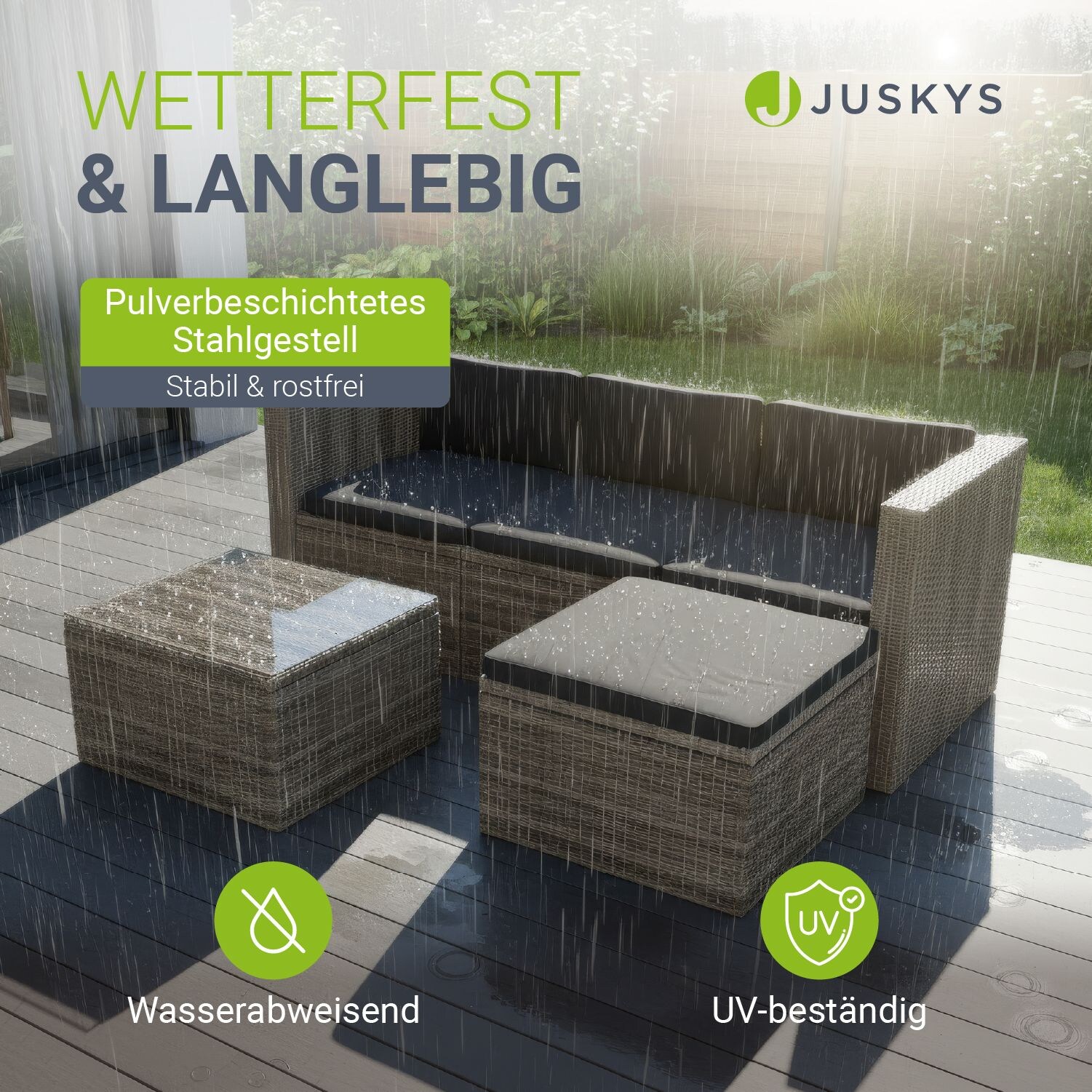 Juskys Polyrattan Lounge Punta Cana M grau-meliert, 3-4 Personen &ndash; Sofa, Tisch & Hocker 