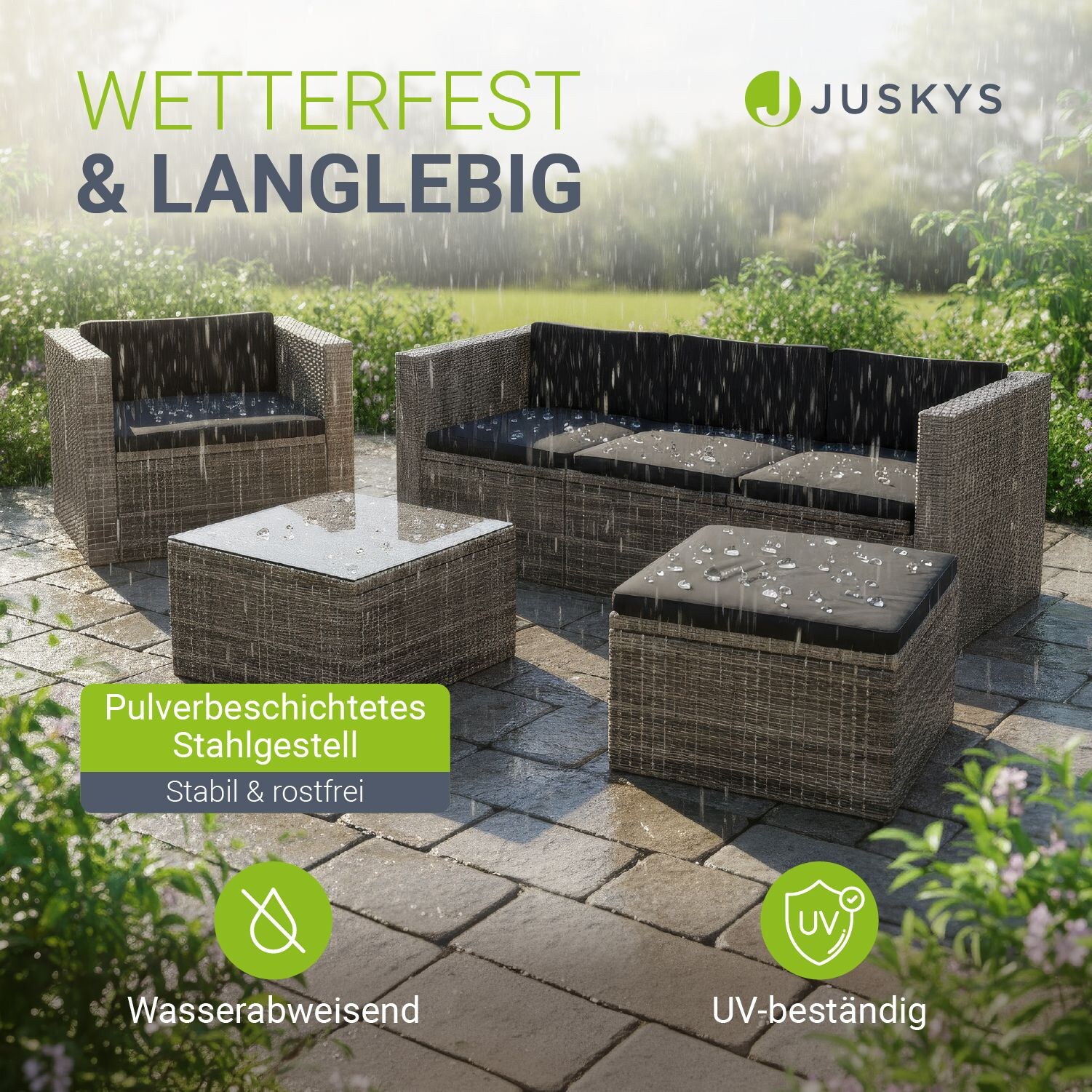 Polyrattan Lounge Punta Cana L grau-meliert, 4-5 Personen – Sessel, Sofa, Tisch & Hocker