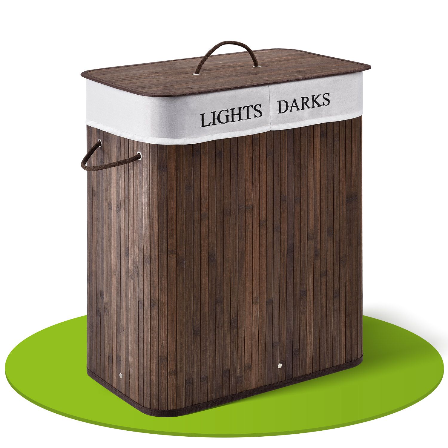 Juskys Bambus W&auml;schekorb Curly 100 Liter mit Deckel & W&auml;schesack | 2 F&auml;cher W&auml;schesammler | Braun 