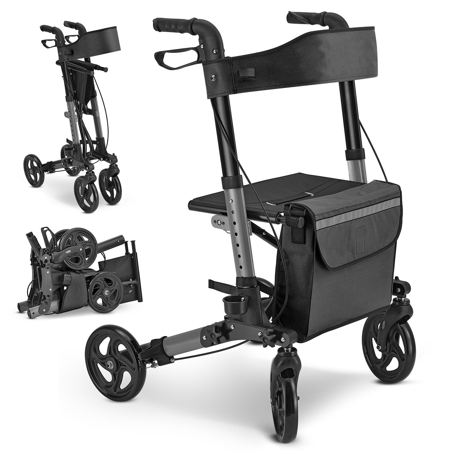 Juskys Rollator Vital faltbar, leicht & höhenverstellbar aus Aluminium bis 130 kg mit Sitz Schwarz