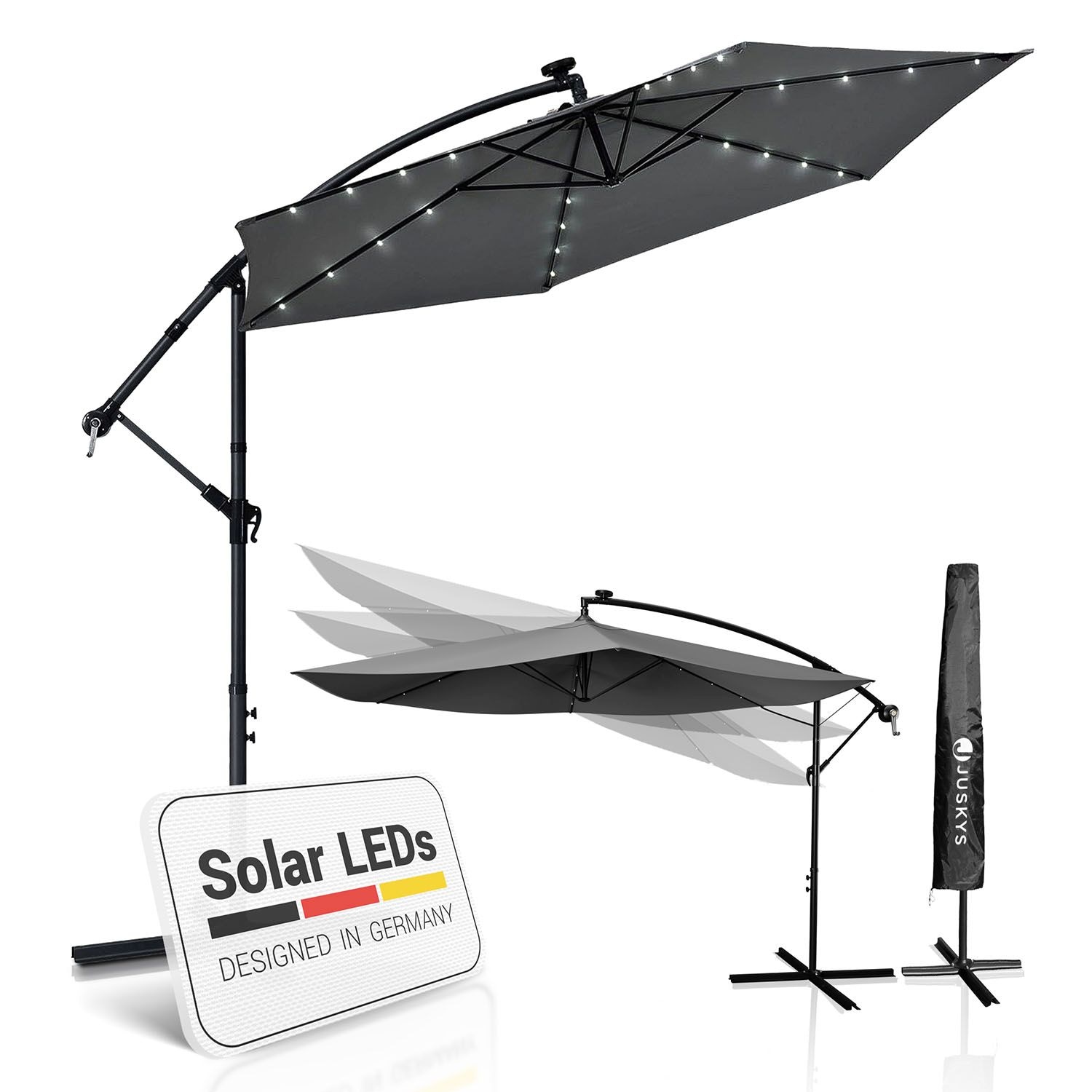 Juskys Ampelschirm Brazil 3 m LED-Beleuchtung Solar & Kurbel &ndash; UV-Schutz wasserabweisend knickbar 
