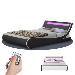 Juskys Polsterbett Bett Valencia 140 x 200 cm schwarz mit Kaltschaummatratze Einzelbett mit LED 