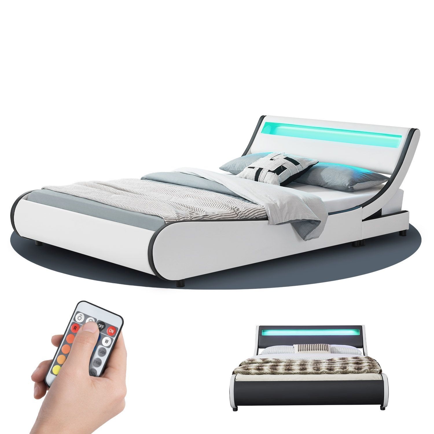 Juskys Polsterbett Bett Valencia 180 x 200 cm wei&szlig; mit Kaltschaummatratze Doppelbett mit LED 