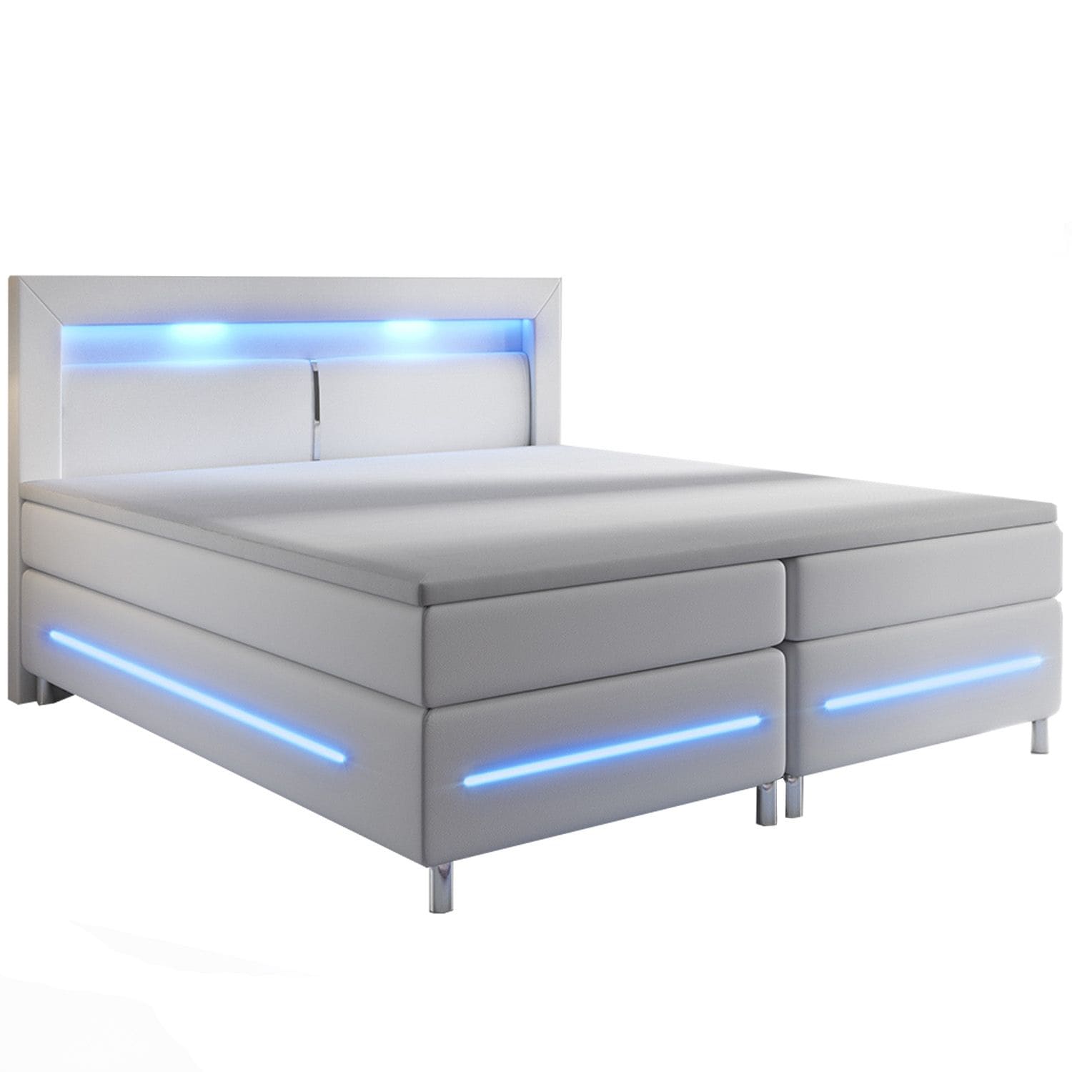 Juskys Boxspringbett Norfolk 140 x 200 cm &ndash; LED Beleuchtung, Bonell-Matratzen & Topper - wei&szlig; 