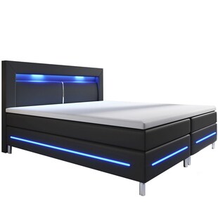 Juskys Boxspringbett Norfolk 140 x 200 cm – LED Beleuchtung, Bonell-Matratzen & Topper - schwarz 