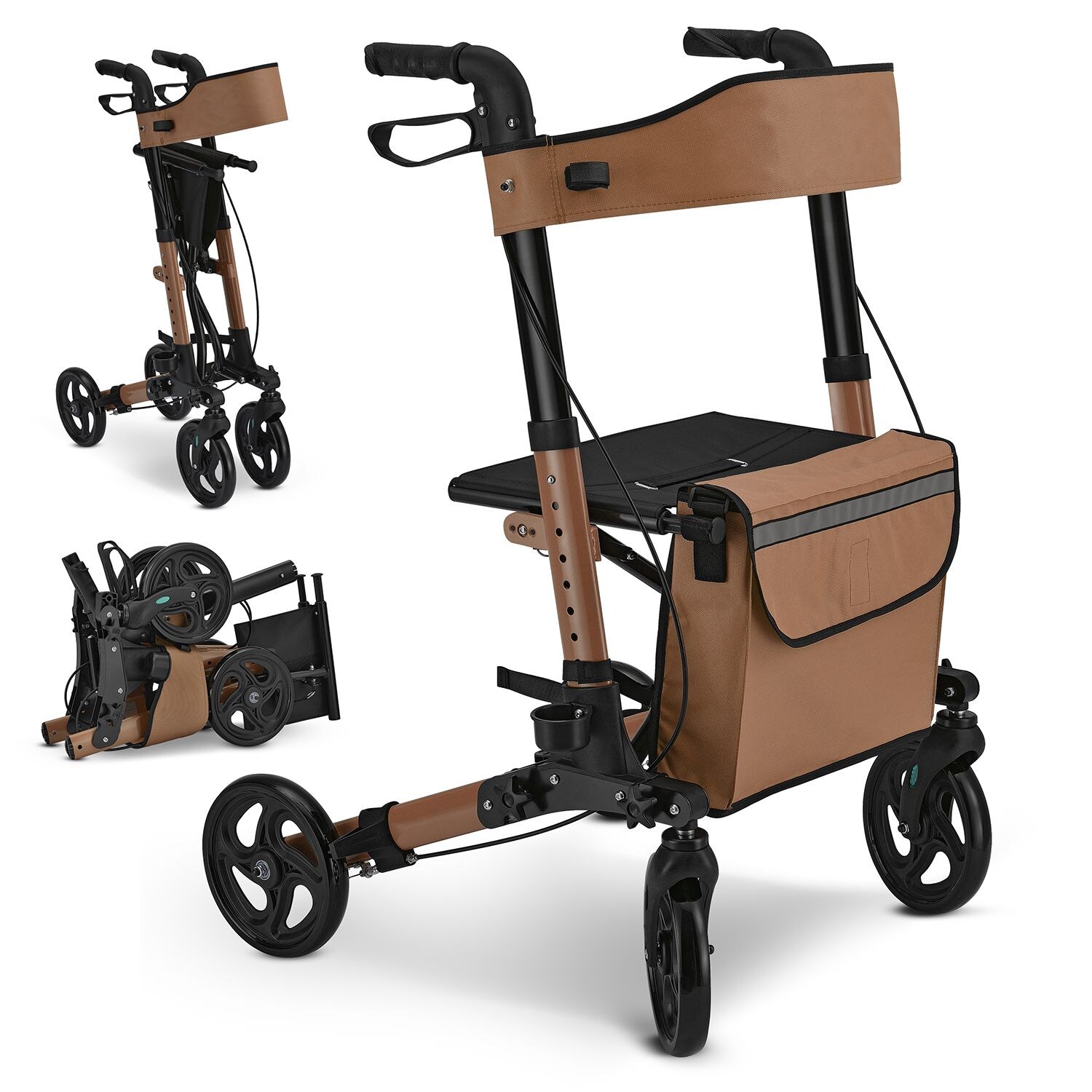 Juskys Rollator Vital faltbar, leicht & h&ouml;henverstellbar aus Aluminium bis 130 kg mit Sitz Braun 