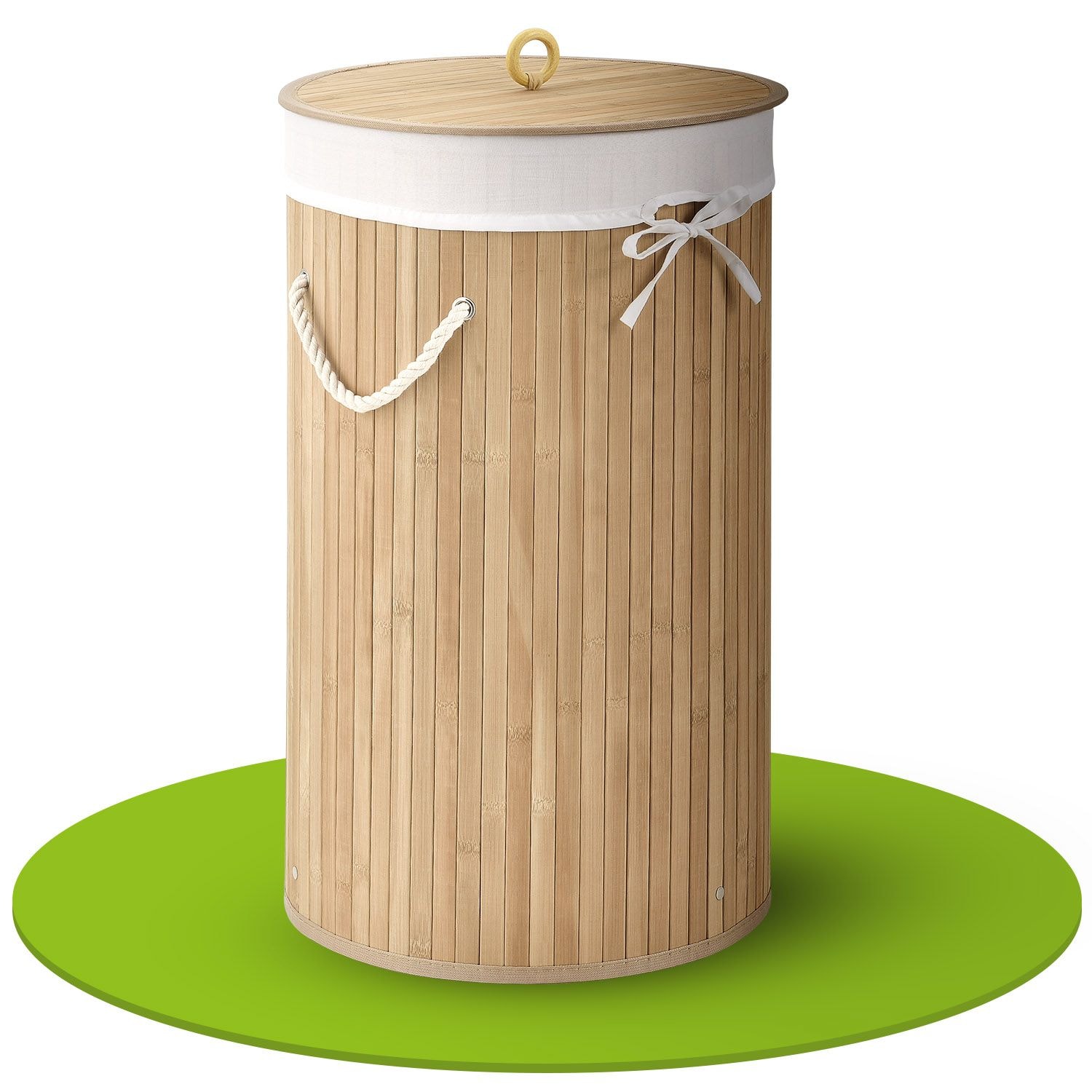 Juskys Bambus W&auml;schekorb Curly-Round 55 Liter W&auml;schesammler mit Deckel, Griff & W&auml;schesack &ndash; Natur 