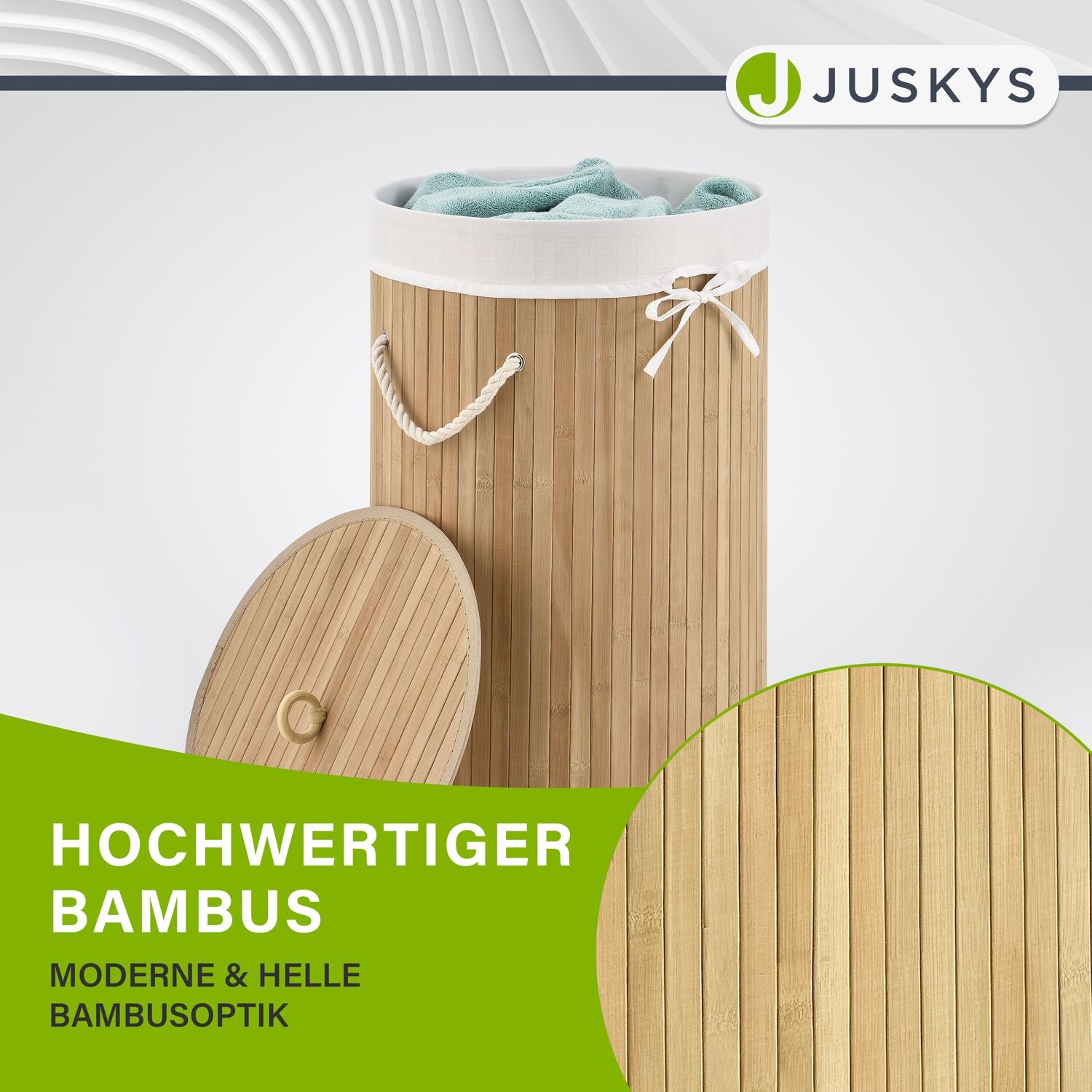 Juskys Bambus Wschekorb Curly-Round 55 Liter Wschesammler mit Deckel,  Griff & Wschesack  Natur bei Marktkauf online bestellen