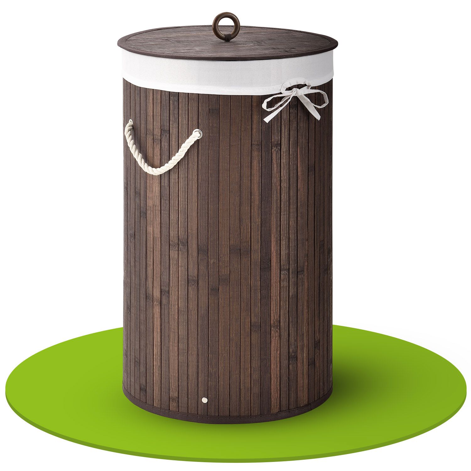 Juskys Bambus W&auml;schekorb Curly-Round 55 Liter W&auml;schesammler mit Deckel, Griff & W&auml;schesack &ndash; Braun 