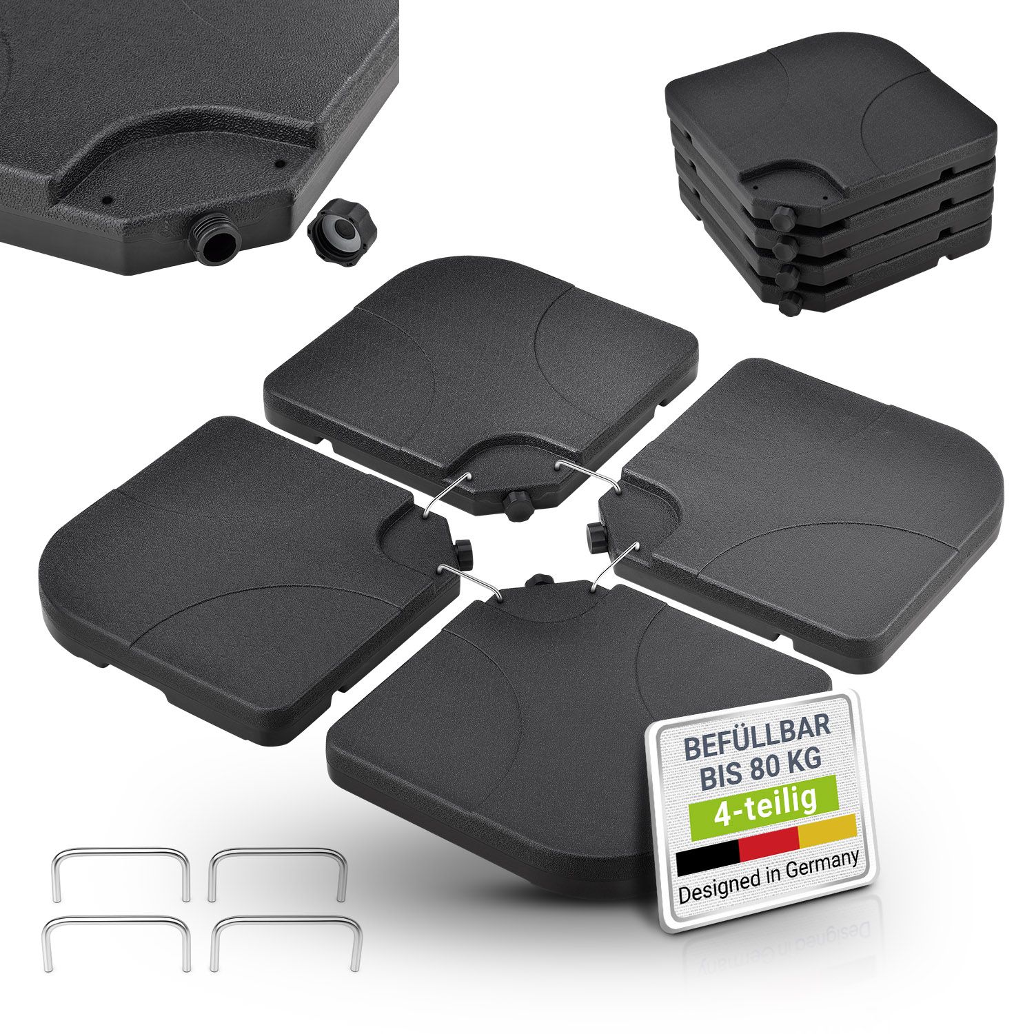 Juskys Schirmgewicht 4er-Set Quad f&uuml;r Schirmst&auml;nder mit 60 Liter Wasser oder 80 kg Sand bef&uuml;llbar 