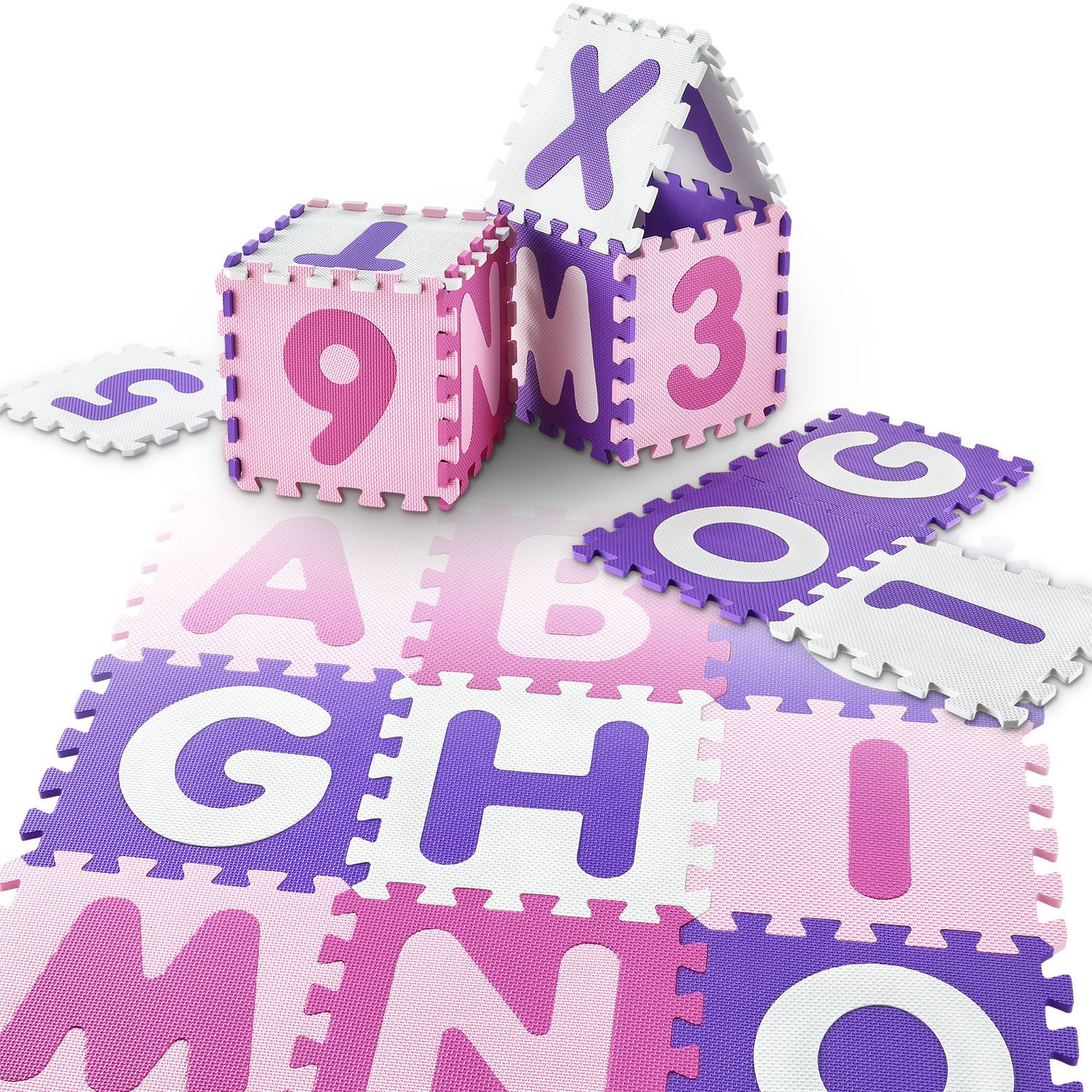 Juskys Kinder Puzzlematte Juna 36 Teile mit Buchstaben & Zahlen - rutschfest &ndash; rosa f&uuml;r M&auml;dchen 