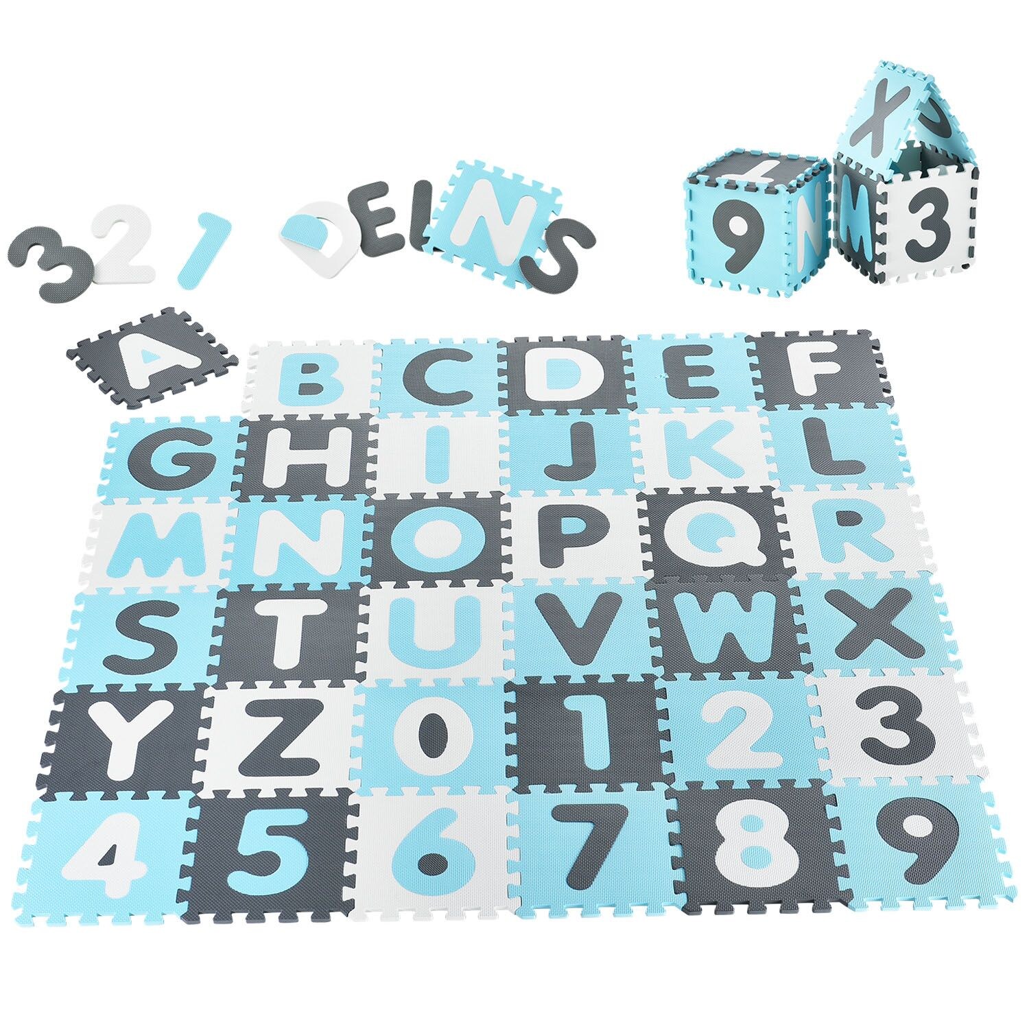Kinder Puzzlematte Noah 36 Teile mit Buchstaben & Zahlen - rutschfest – blau für Jungen