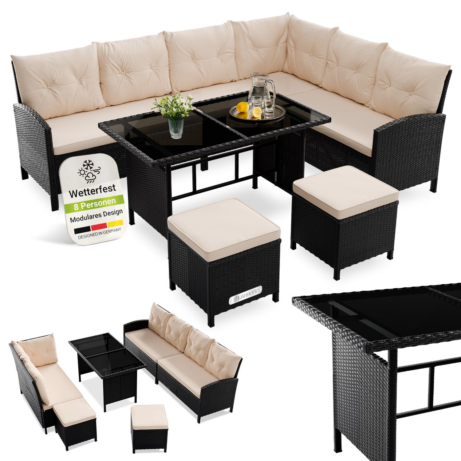 Juskys Gartenlounge Manacor schwarz - Sofa, Tisch, Hocker & Kissen - 8 Personen - Sitzbez&uuml;ge Creme 