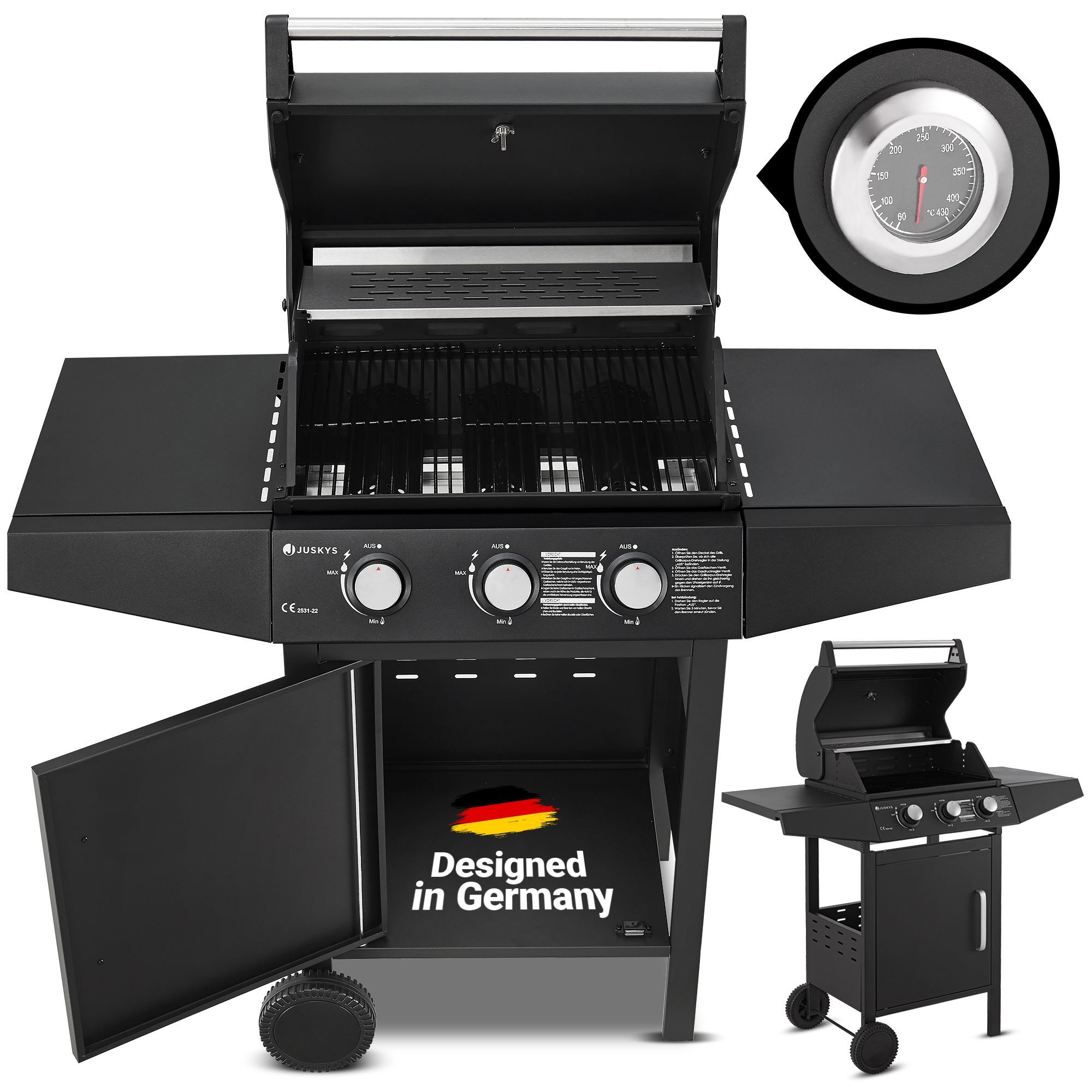 Juskys BBQ Gas-Grill Louisiana, 3 Brenner Grillrost, Deckel mit Thermometer 