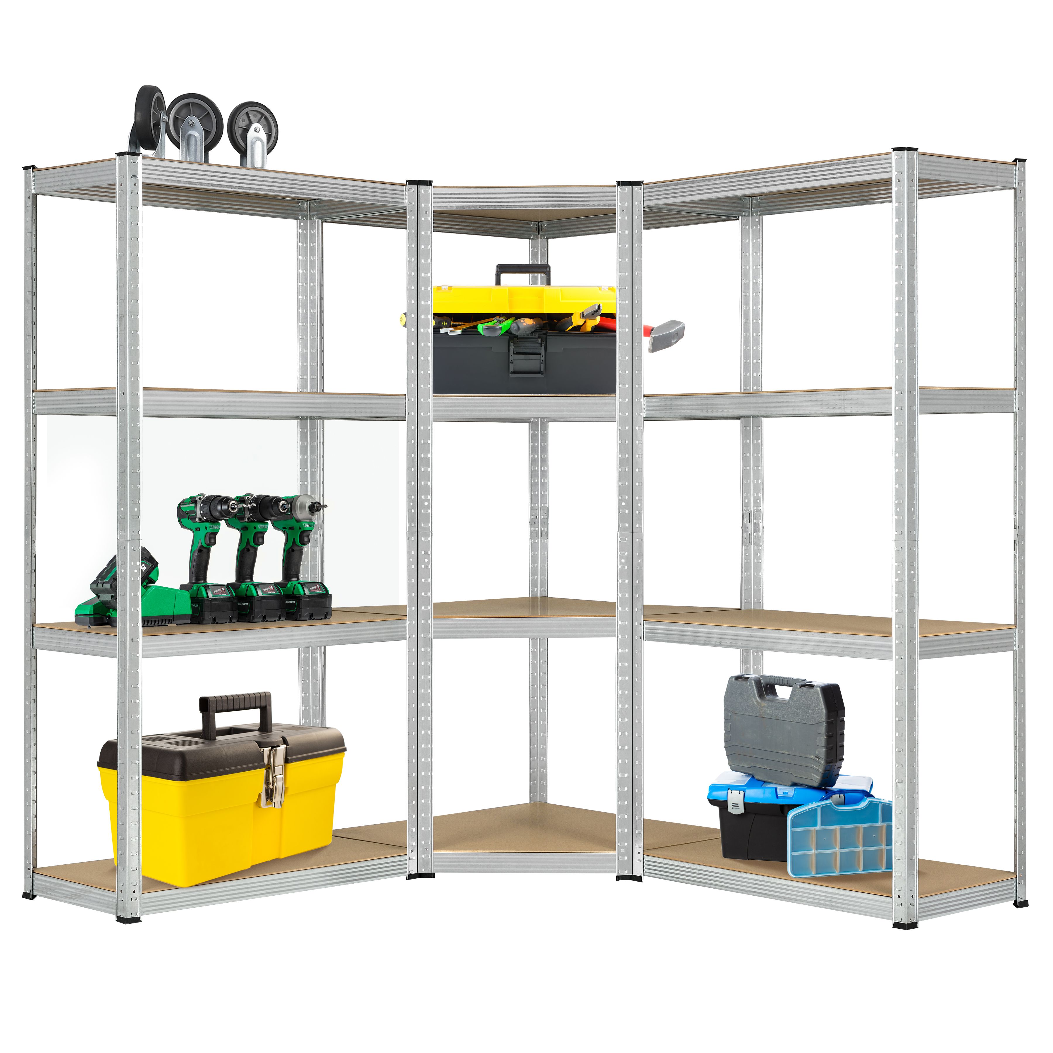 Juskys 3er Metall Regalsystem Easy | 1 Eckregal & 2 Schwerlastregale | 12 MDF Holz B&ouml;den | 960kg 