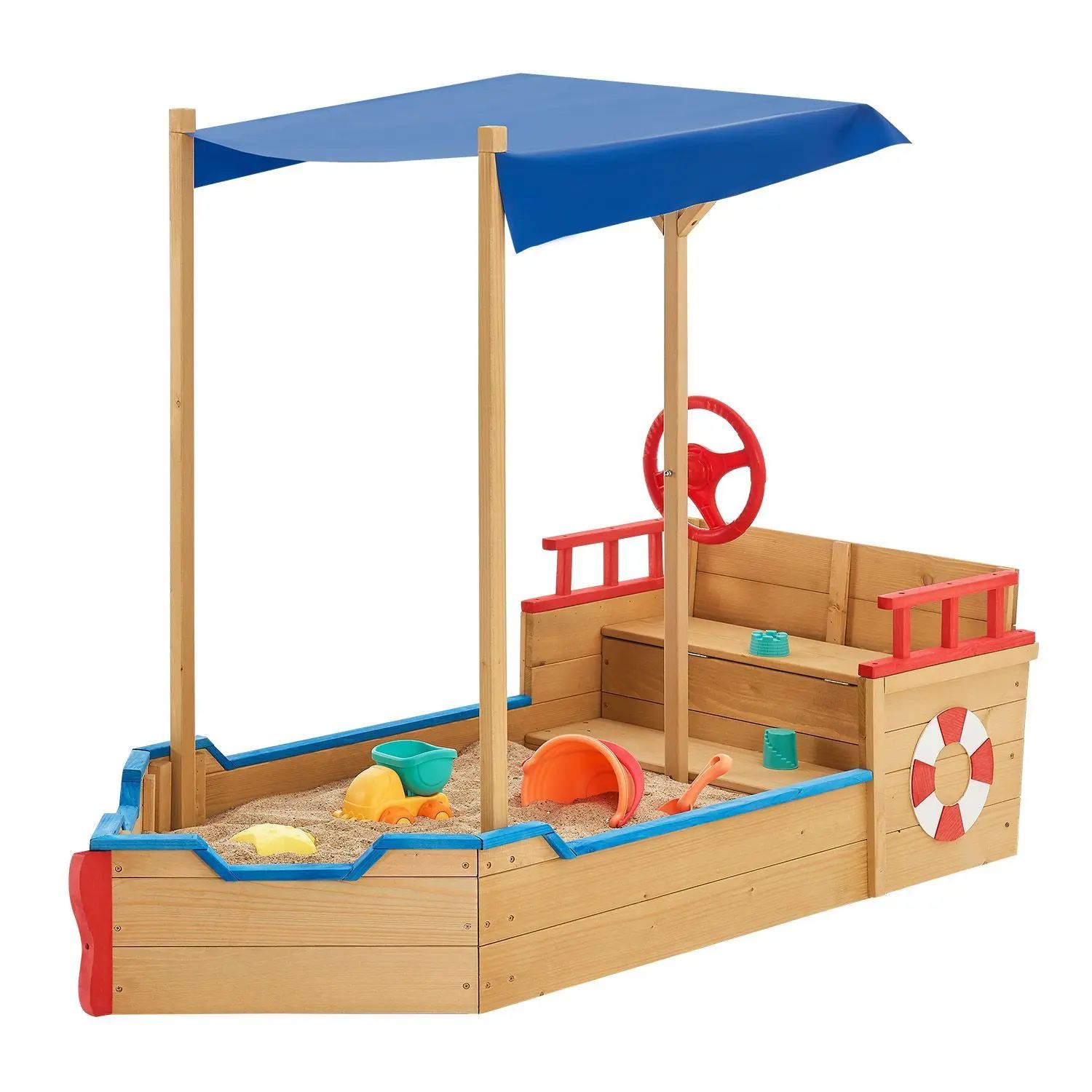 Juskys Sandkasten K&auml;pt&rsquo;n Pit mit Bodenplane & Dach - Holz Piratenschiff Boot - Sandkiste Sandbox 