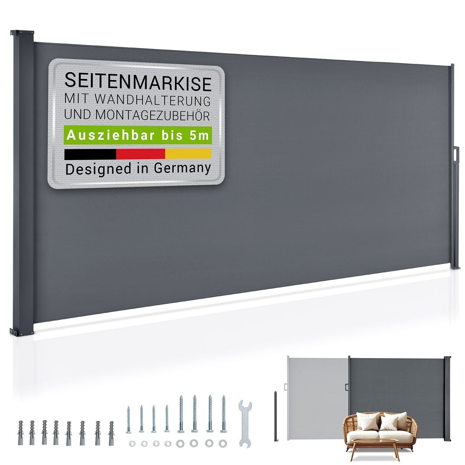 Seitenmarkise Dubai 500 x 190 cm ausziehbar blickdicht, Sichtschutz Garten, Terrasse anthrazit