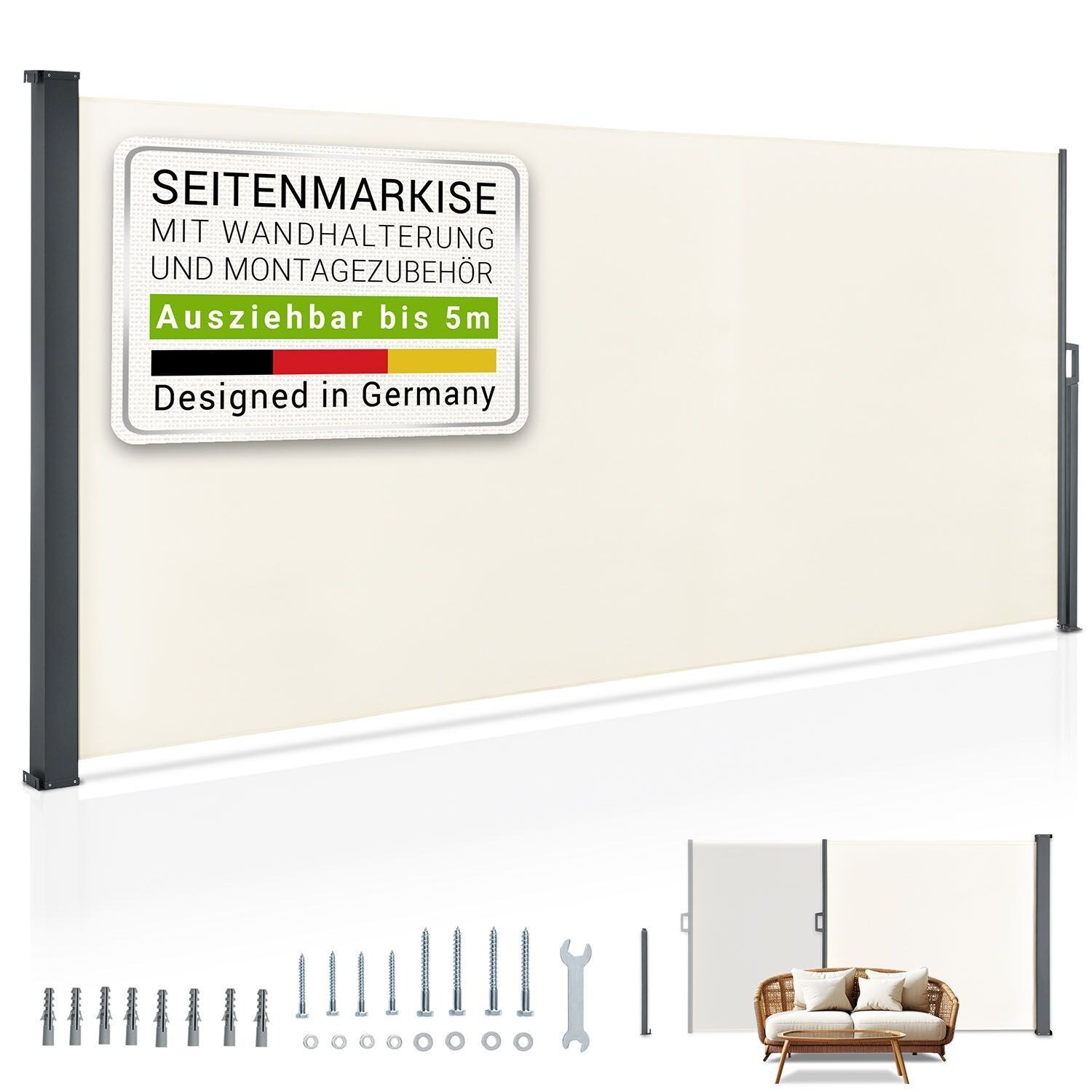 Seitenmarkise Dubai 500 x 190 cm ausziehbar blickdicht, Sichtschutz Garten, Terrasse beige