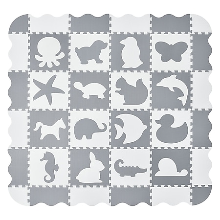 Juskys Kinder Puzzlematte Timon 36 Teile mit 16 Tieren - rutschfest – grau weiß 