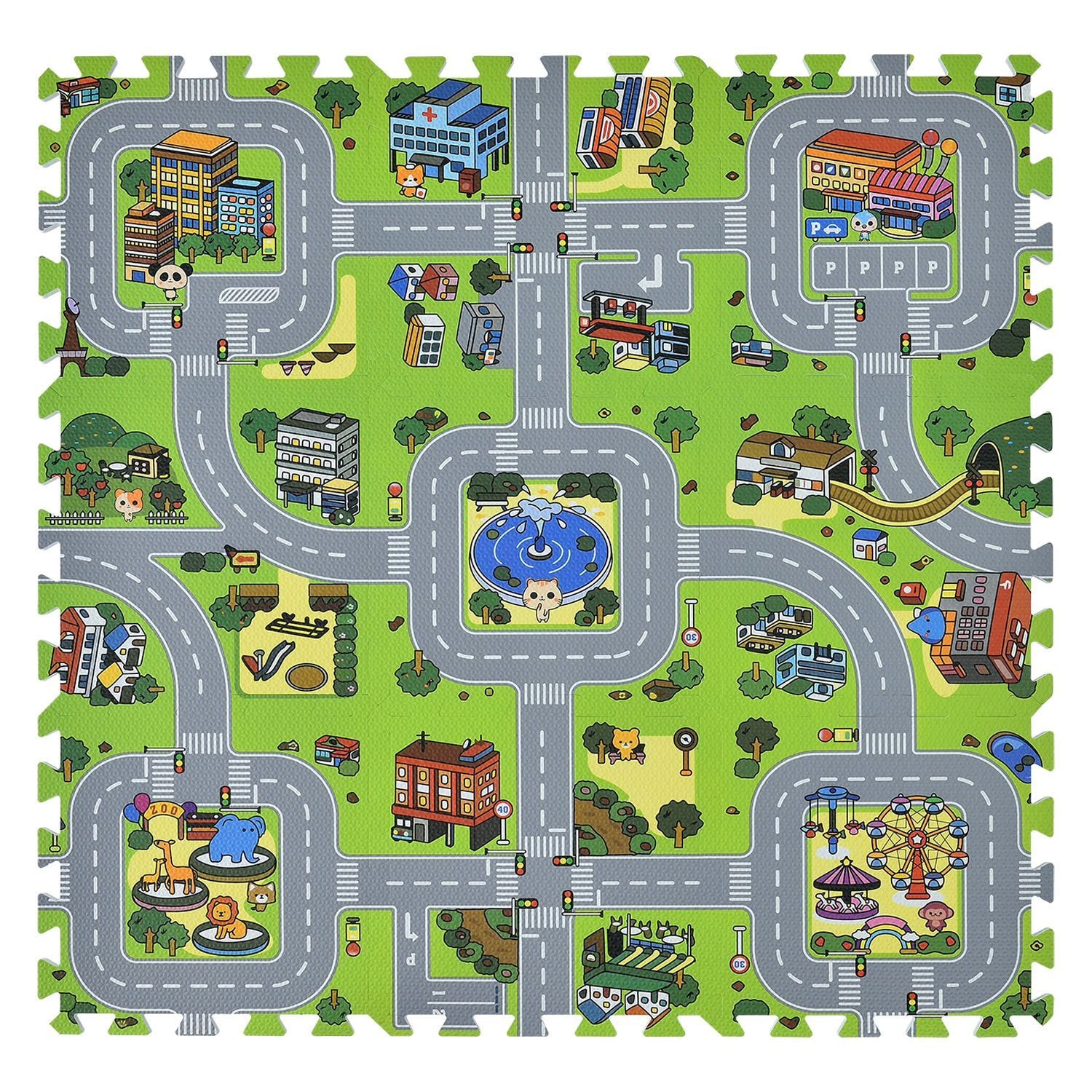Juskys Kinder Puzzlematte Jascha 9 Teile - Stadt & Stra&szlig;en &ndash; rutschfest &ndash; Spielmatte ab 10 Monate 