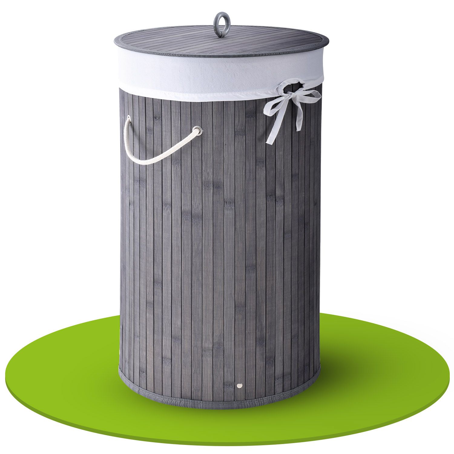 Juskys Bambus W&auml;schekorb Curly-Round 55 Liter W&auml;schesammler mit Deckel, Griff & W&auml;schesack &ndash; Grau 