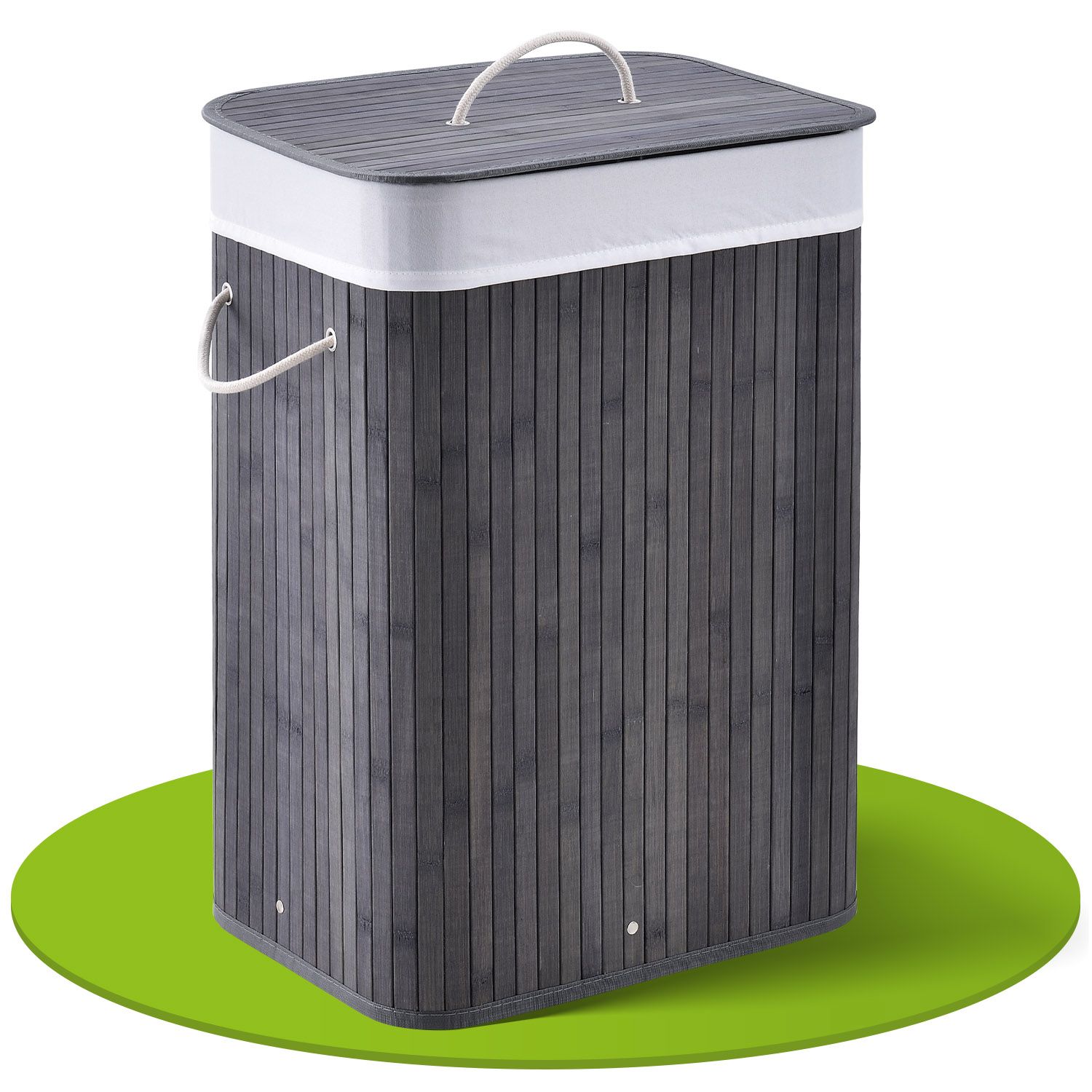 Juskys Bambus W&auml;schekorb Curly 72 Liter mit Stoff W&auml;schesack & Tragegriffen | W&auml;schebox in Grau 