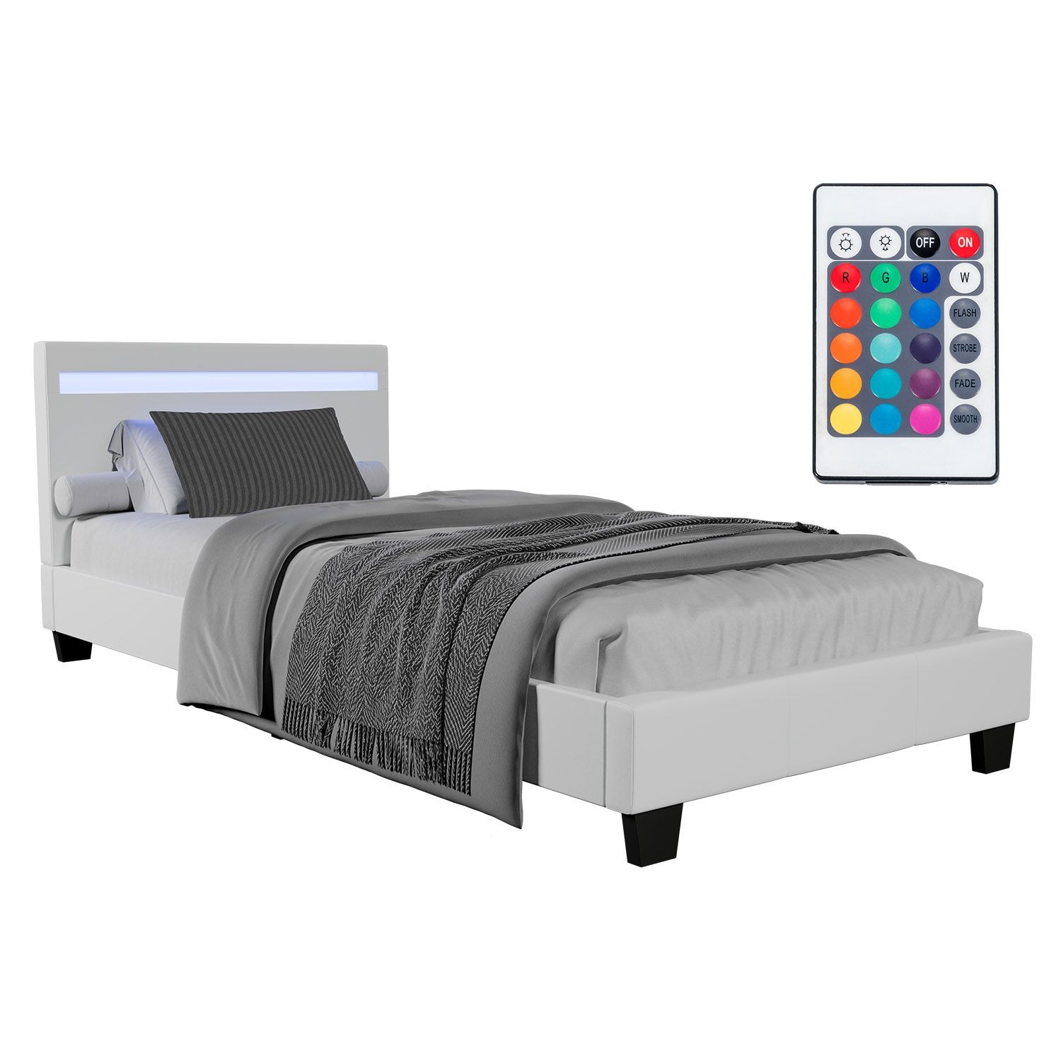 Juskys Polsterbett Paris 90 x 200 cm wei&szlig; &ndash; Bettgestell inkl. LED-Beleuchtung & Lattenrost 