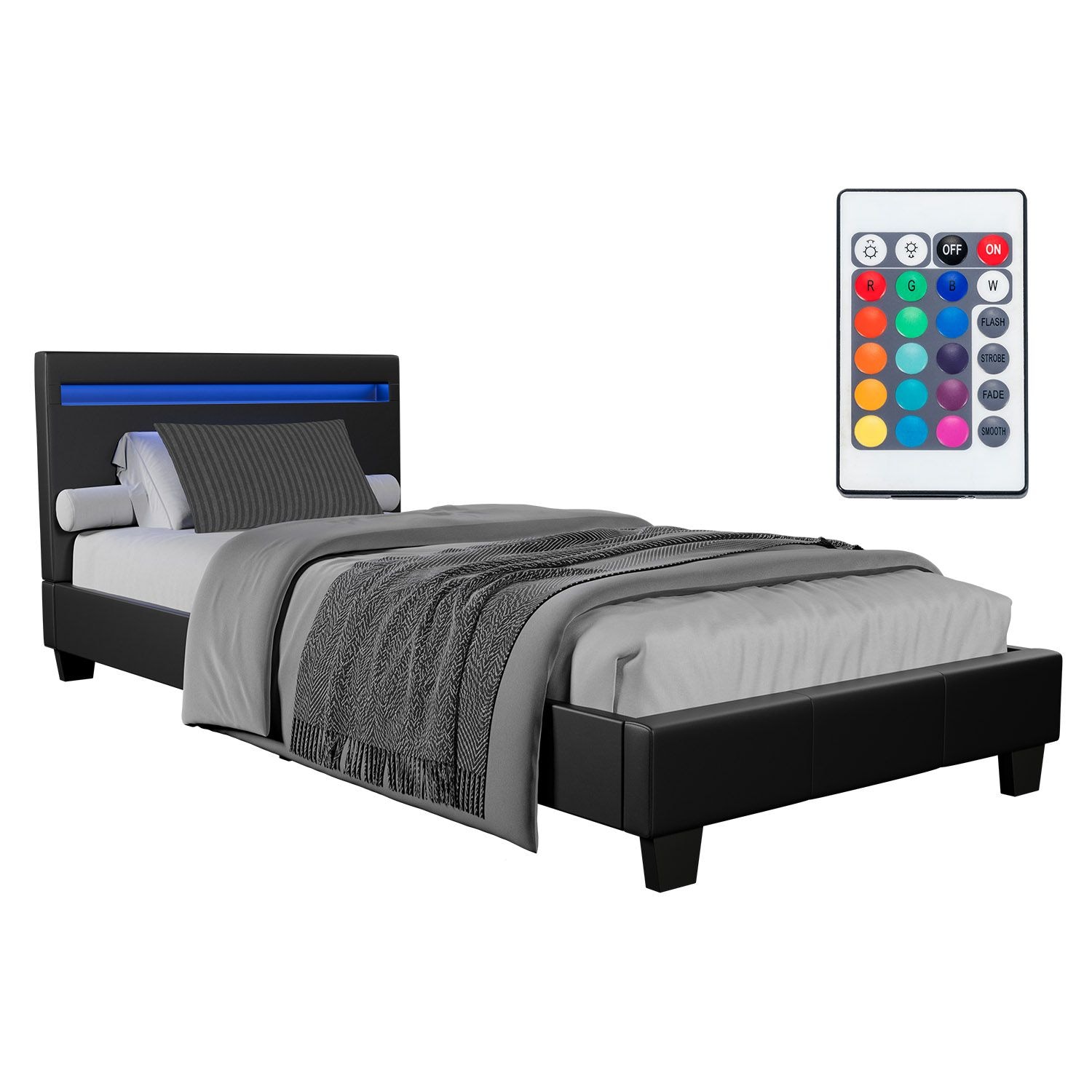 Juskys Polsterbett Paris 90 x 200 cm schwarz &ndash; Bettgestell inkl. LED-Beleuchtung & Lattenrost 