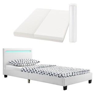 Juskys Polsterbett Verona 90x200 cm weiß mit Matratze – Einzelbett + LED-Beleuchtung & Lattenrost 
