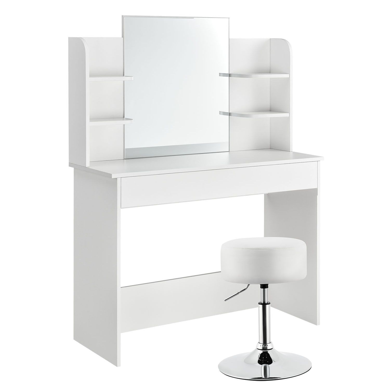 Juskys Schminktisch Bella mit LED & Hocker Tonia rund, h&ouml;henverstellbar - Spiegel & Stauraum - Wei&szlig; 