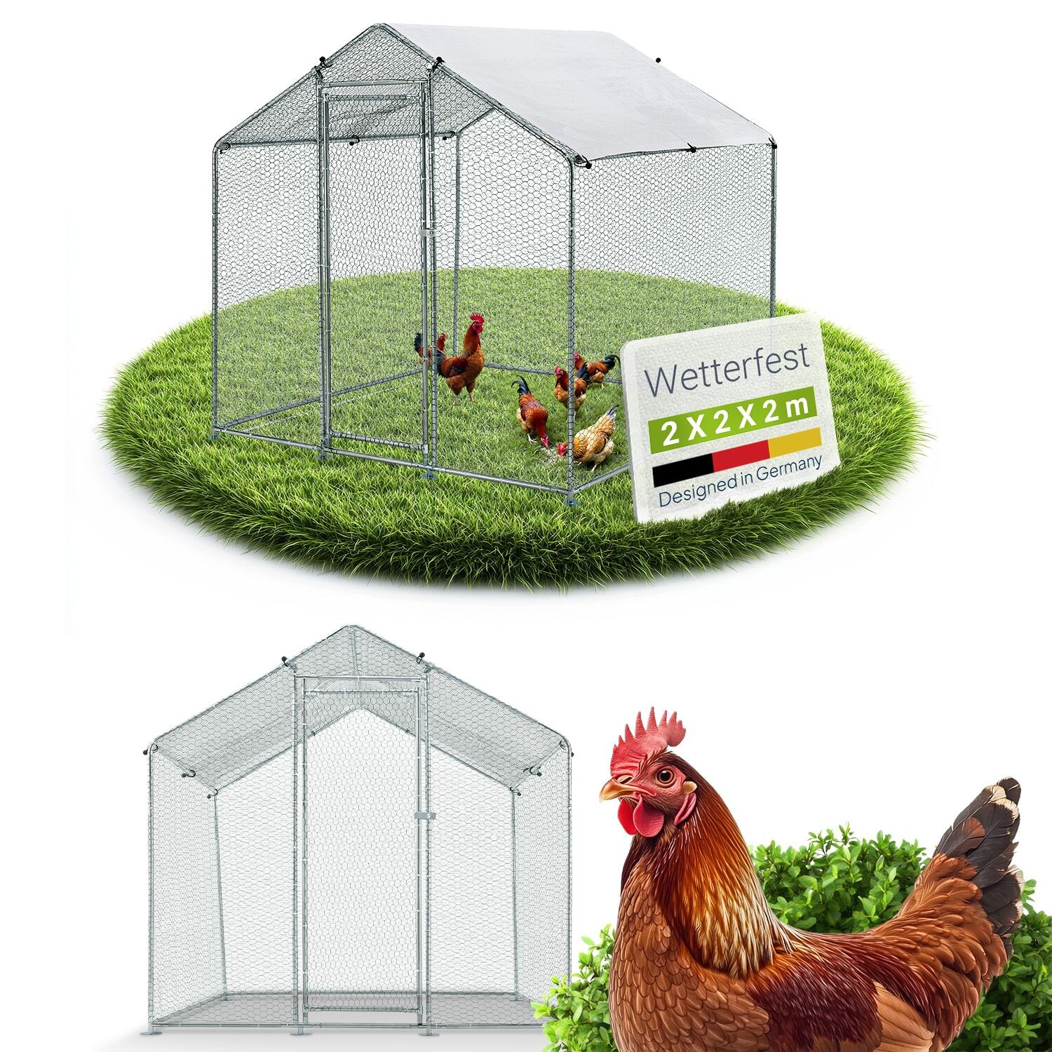 Freilaufgehege 2x2x2m aus Metall - Freigehege begehbar mit 4 m² Lauffläche, Tür & Riegel