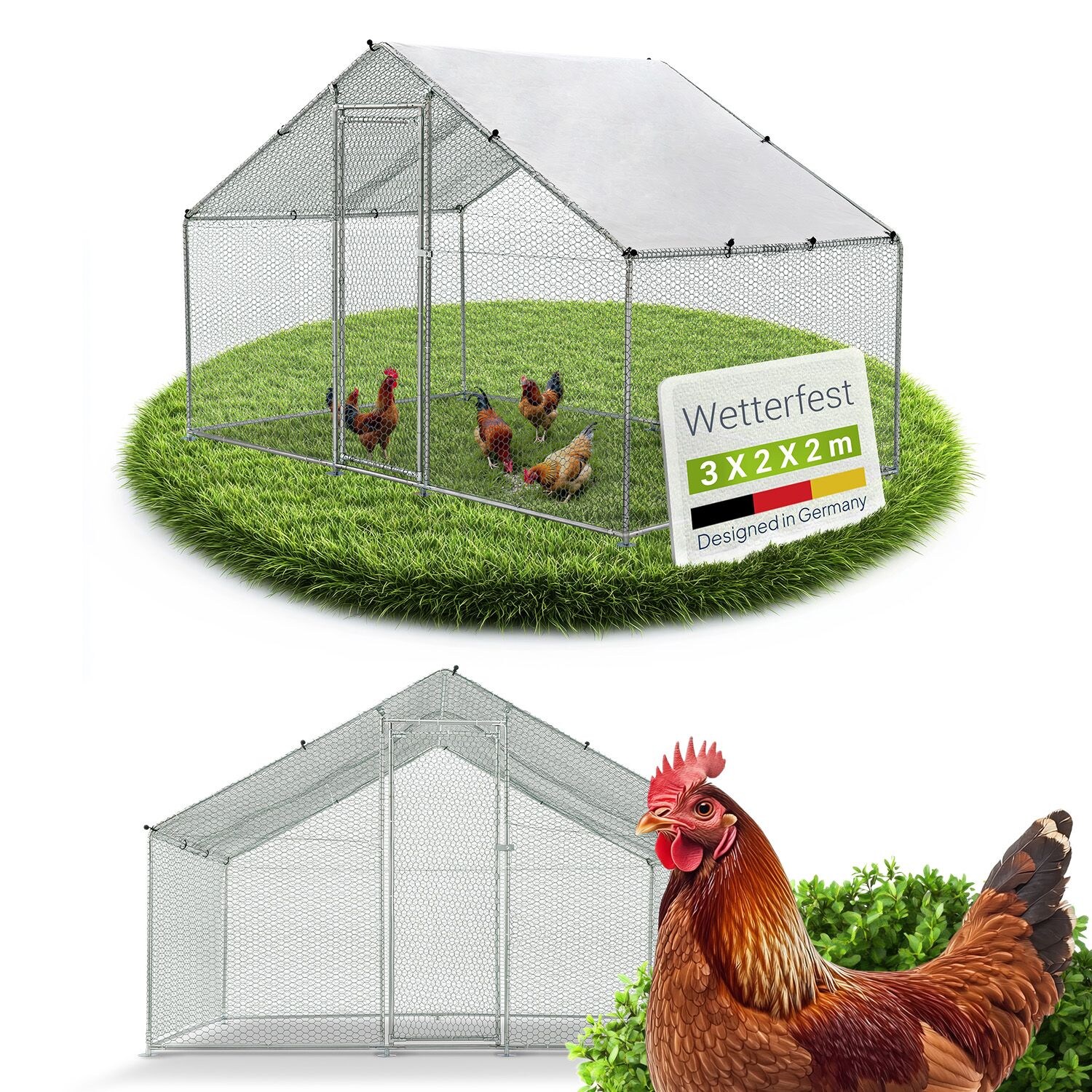 Freilaufgehege 3x2x2m aus Metall - Freigehege begehbar mit 6 m² Lauffläche, Tür & Riegel