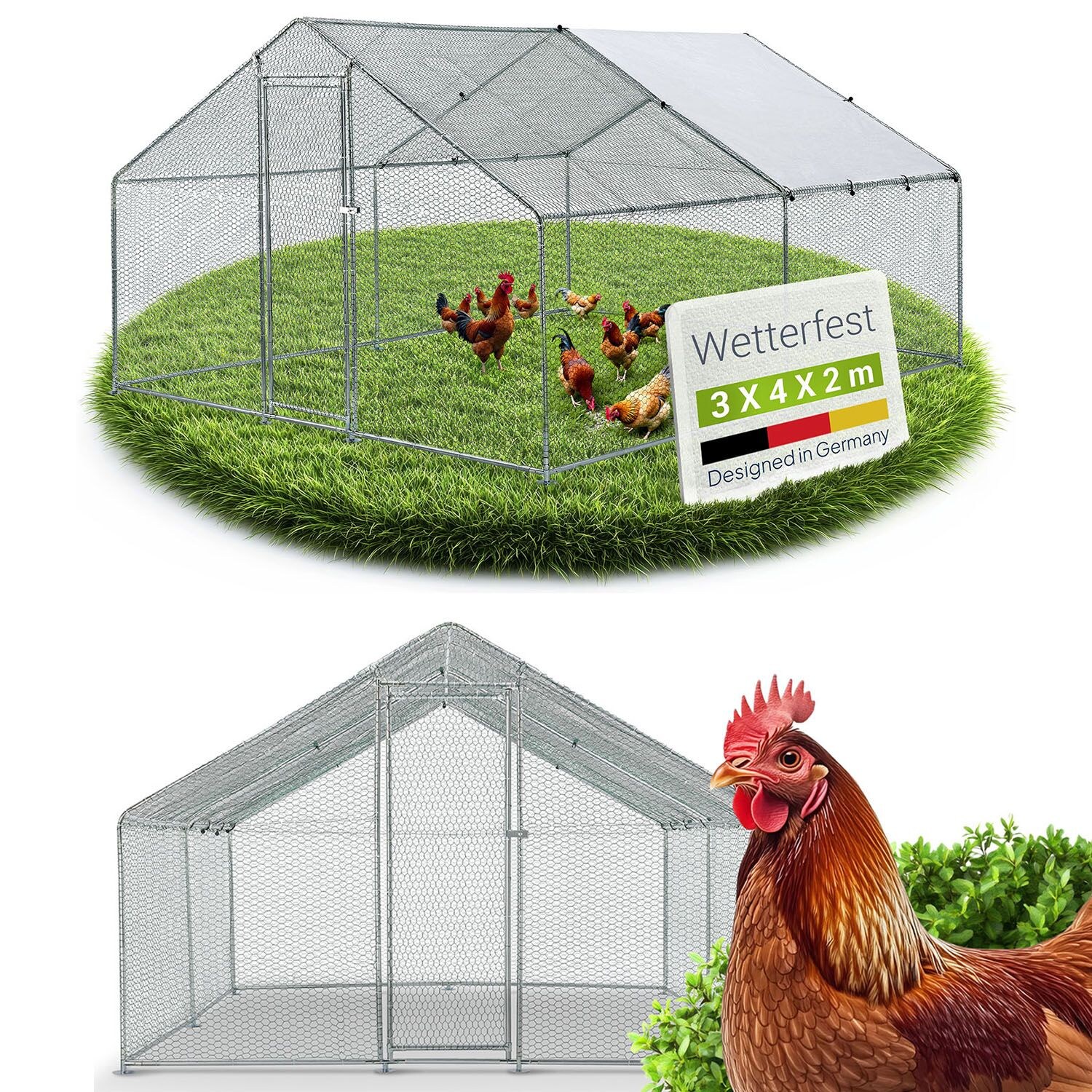 Freilaufgehege 3x4x2m aus Metall - Freigehege begehbar mit 12 m² Lauffläche, Tür & Riegel