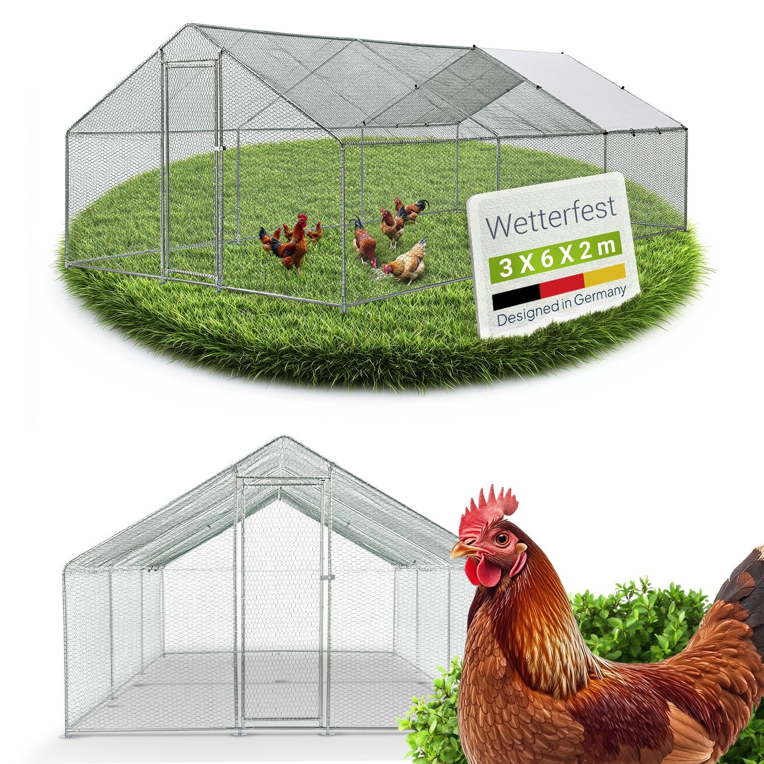 Freilaufgehege 3x6x2m aus Metall - Freigehege begehbar mit 18 m² Lauffläche, Tür & Riegel