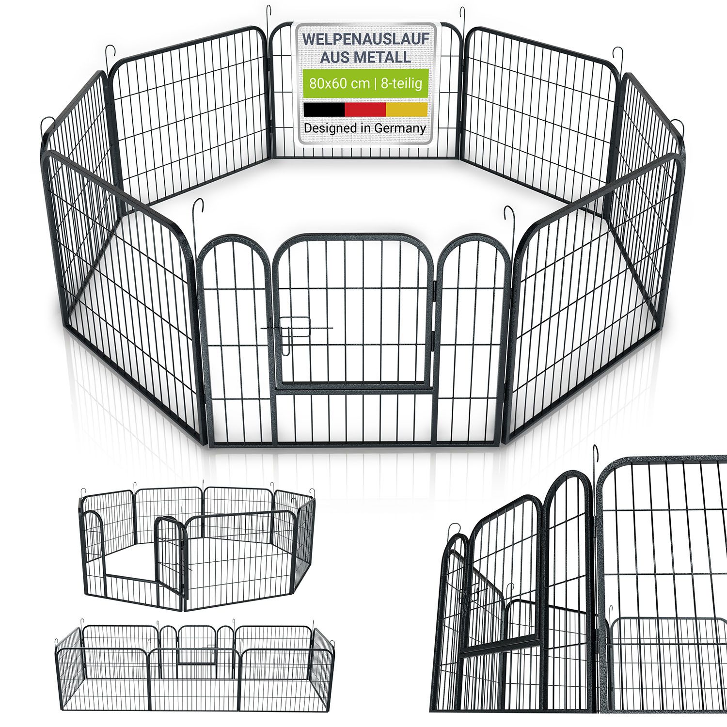 Juskys Welpenauslauf 160 x 160 x 60 cm, 8-teilig aus Metall mit T&uuml;r f&uuml;r Hunde, Hasen & Kleintiere 