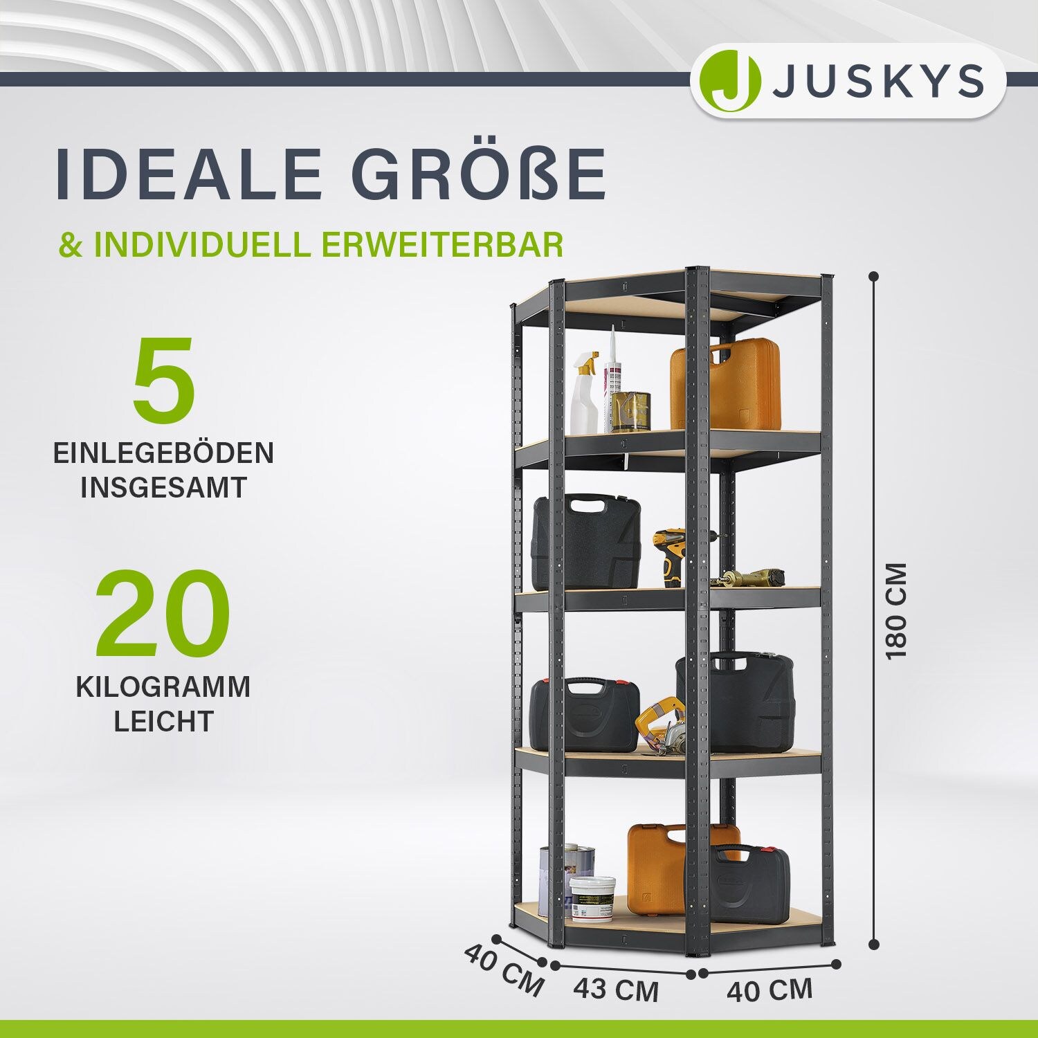 Juskys Corner Easy Hoekrek, opbergrek, 160 x 75 x 40-75 cm, 320 kg, 4 planken, MDF-hout, verzinkt metaal, heavy duty rek, steekrek, kelderrek, grijs