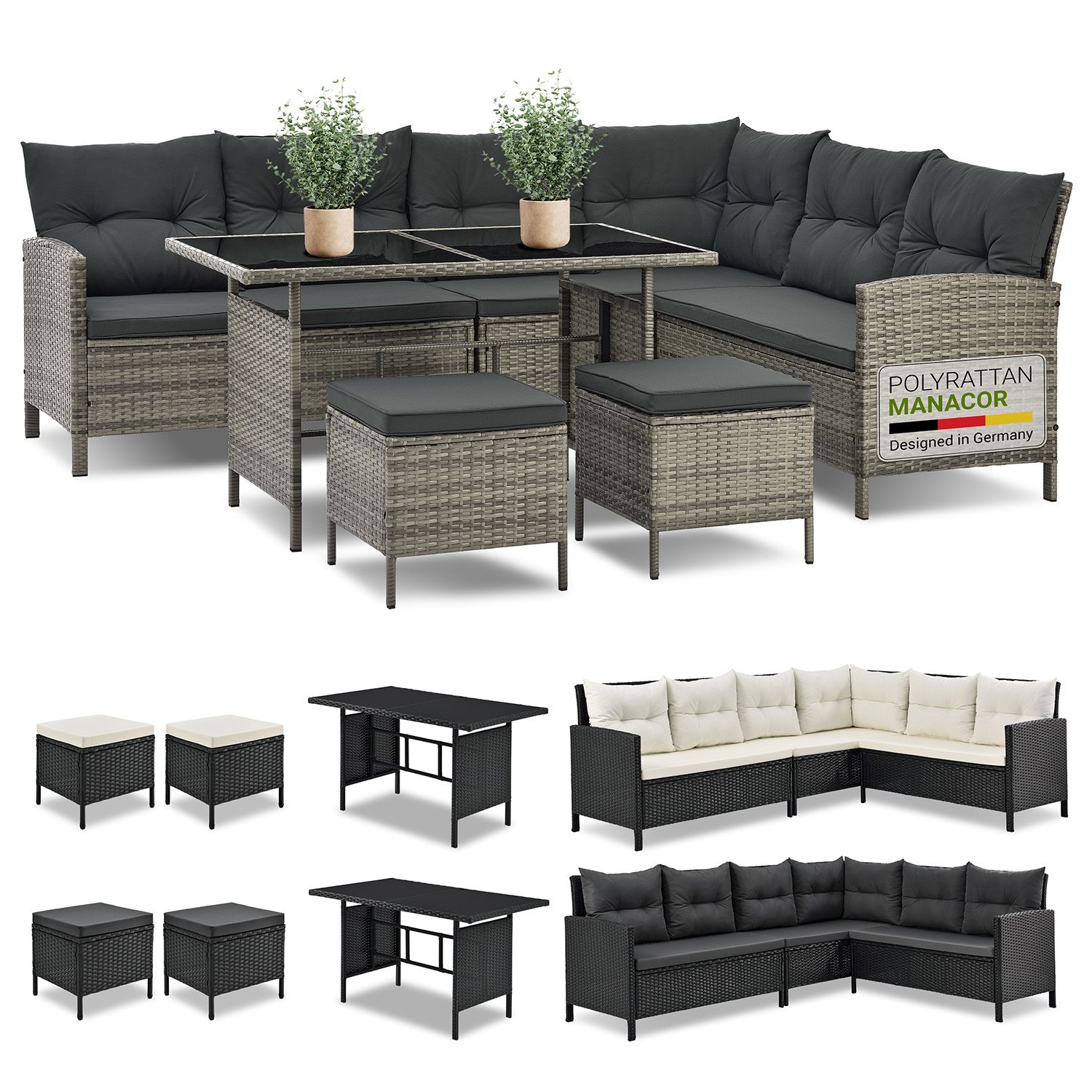 Juskys Gartenlounge Manacor grau - Sofa, Tisch, Hocker & Kissen - 8 Personen - Sitzbez&uuml;ge Grau 