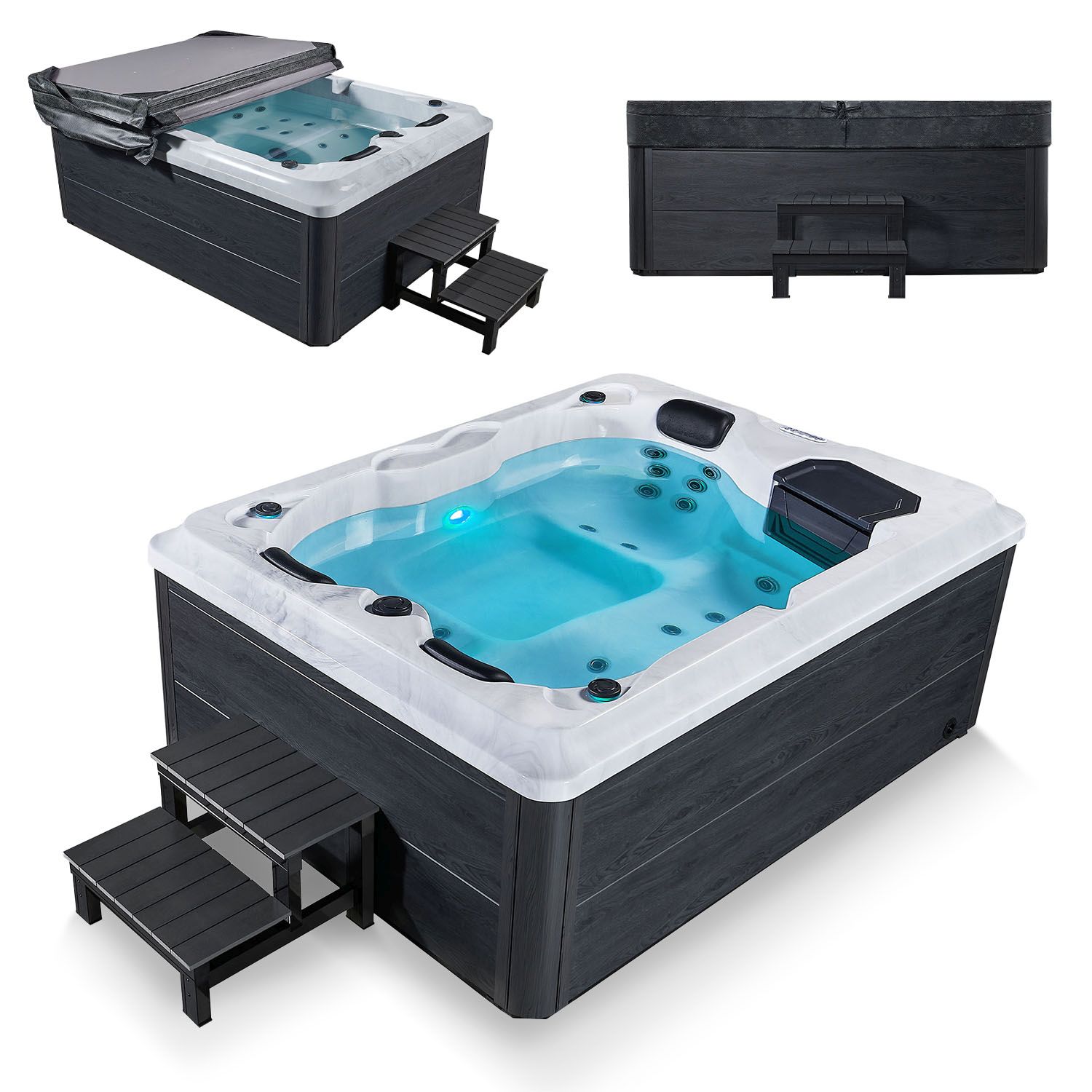 Artsauna Outdoor Whirlpool Oasis mit Treppe - Massaged&uuml;sen, LED Licht, Filter, Abdeckung & Heizung 