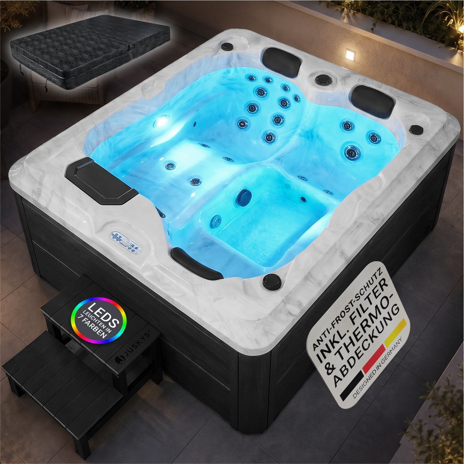 Artsauna Outdoor Whirlpool Oasis mit Treppe - Massagedüsen, LED Licht, Filter, Abdeckung & Heizung
