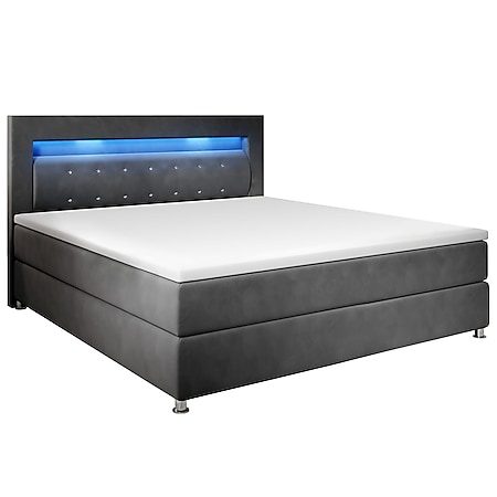 Juskys Boxspringbett Vancouver 120x200 cm - Bett mit LED, Topper & Federkern-Matratze – Stoff Grau 