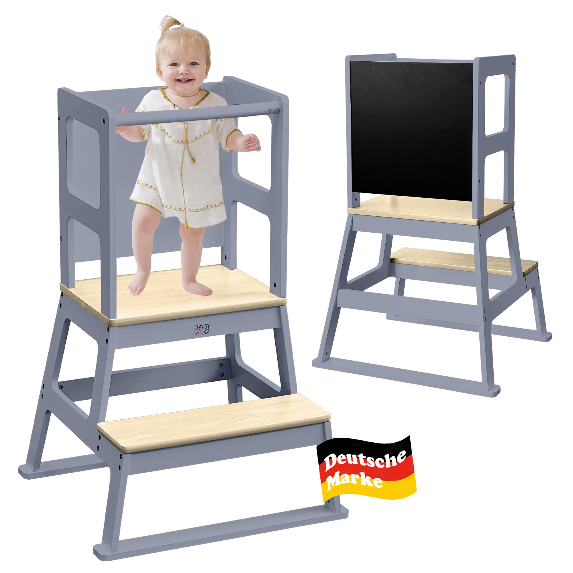 Baby Vivo Lernturm aus Holz - Mit Tafel in Grau 