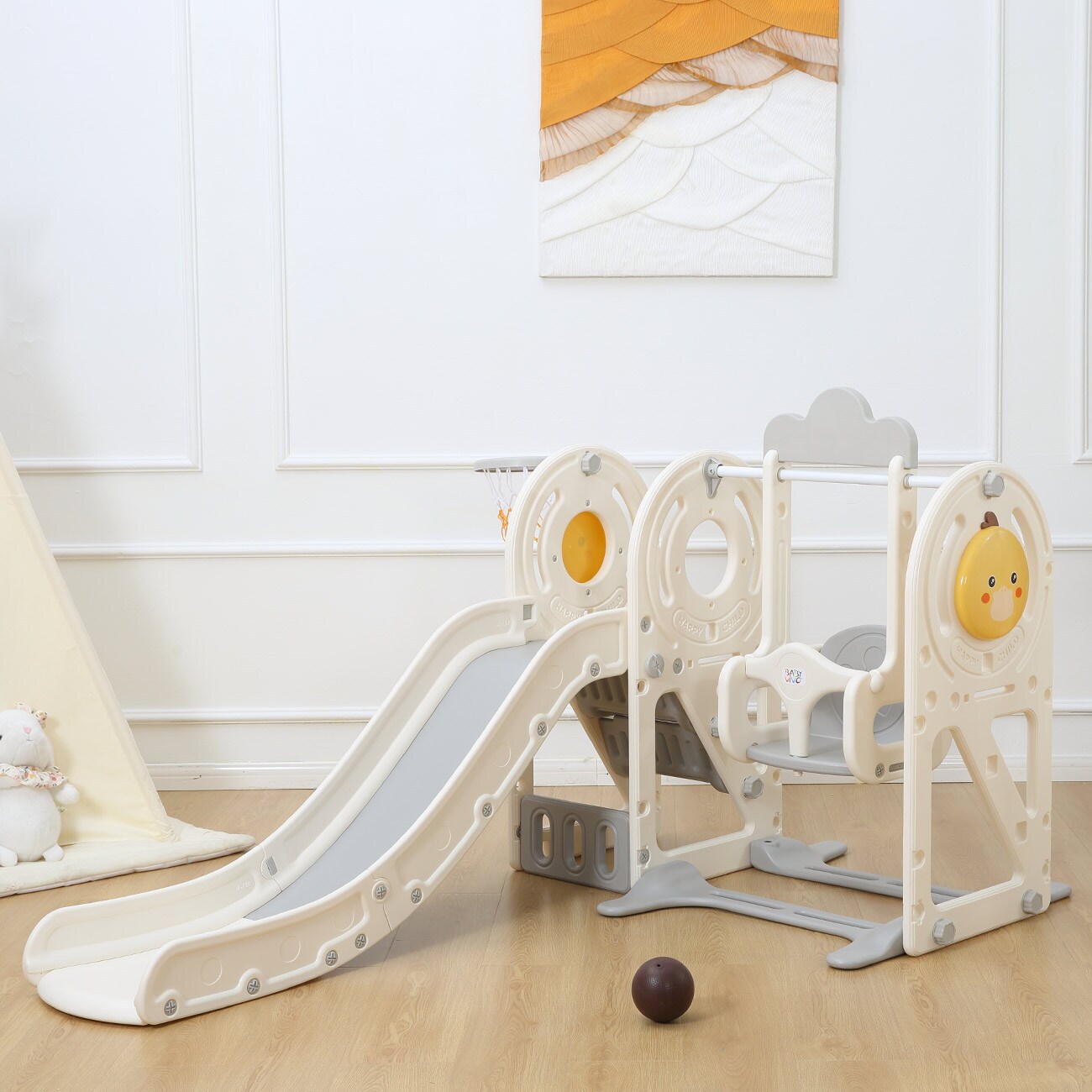 Kinderrutsche / Rutsche mit Basketballkorb - Quacki in Weiß / Beige