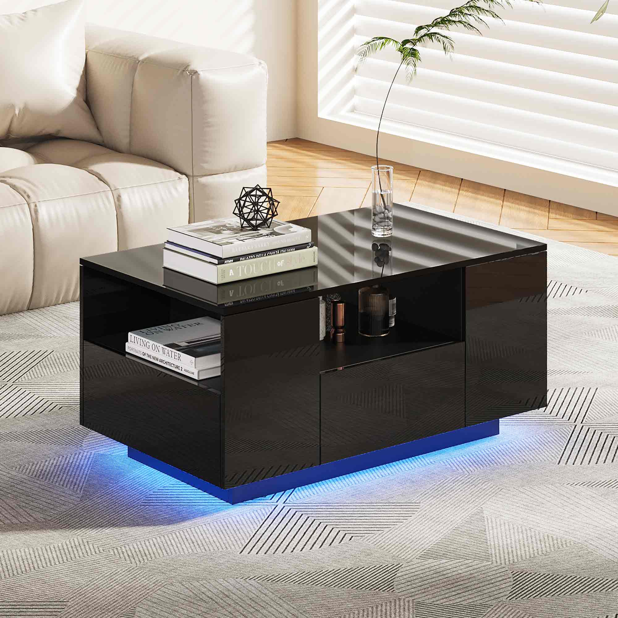 Makika LED Couchtisch / Design Wohnzimmertisch mit Ablagefach und Schubladen - Schwarz Hochglanz 