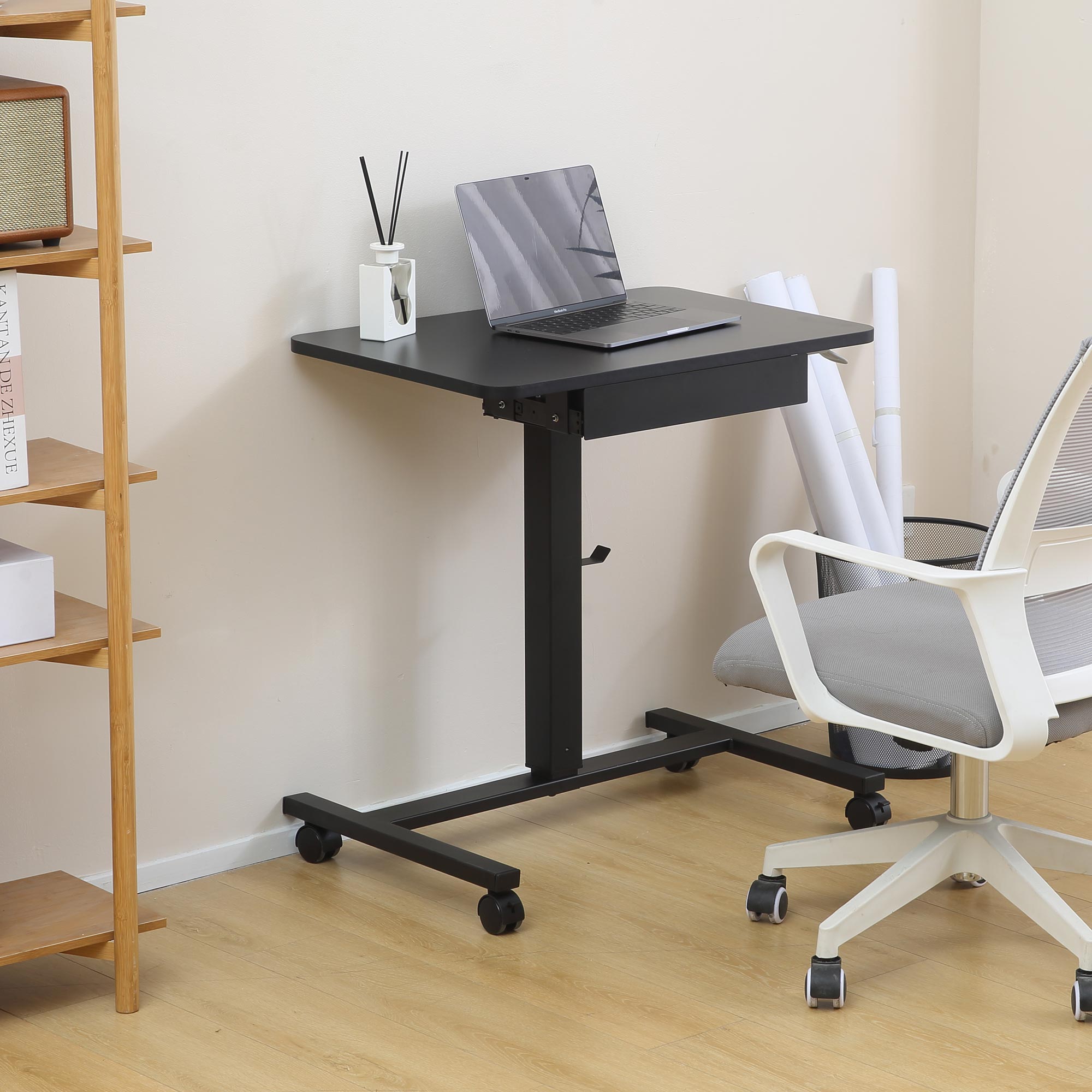 Makika Stehpult / Laptoptisch h&ouml;henverstellbar mit Rollen und Schublade in Schwarz 