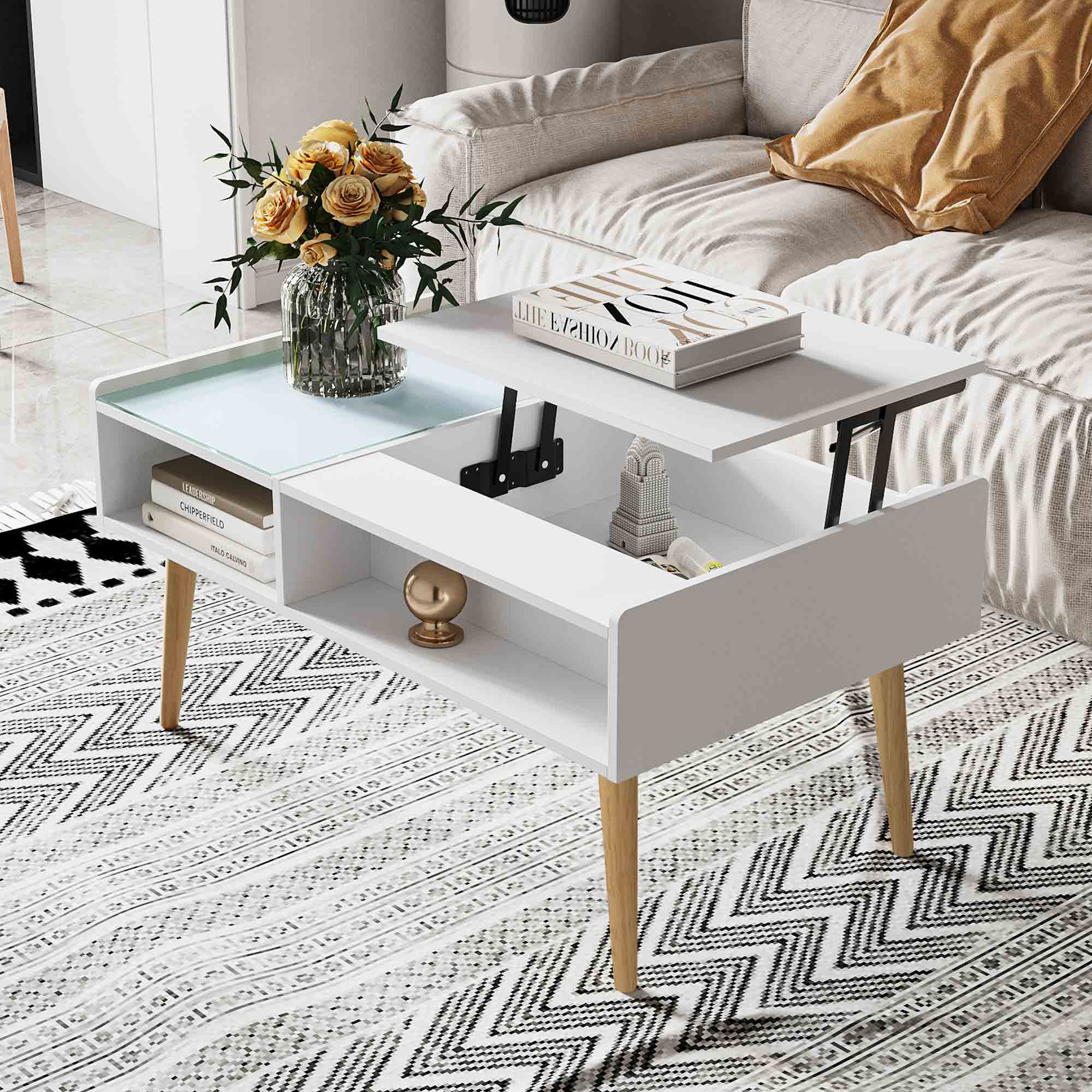 Makika Couchtisch / Wohnzimmertisch mit Glas ausziehbar mit verstecktem Fach in Wei&szlig; 