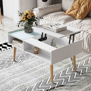 Makika Couchtisch / Wohnzimmertisch mit Glas ausziehbar mit verstecktem Fach in Weiß 
